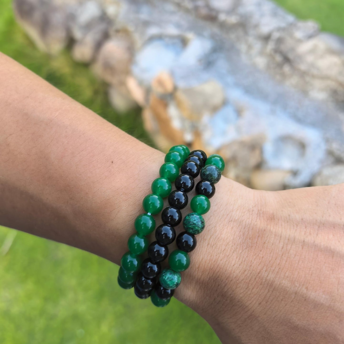 Crgwxzl Healing Crystal Bracelets for Women 8mm Natural Stone Beaded Stretch Bracelet Green jade African Turquoise Black Obsidian Spiritual Gemstone Lucky Jewelry Gifts