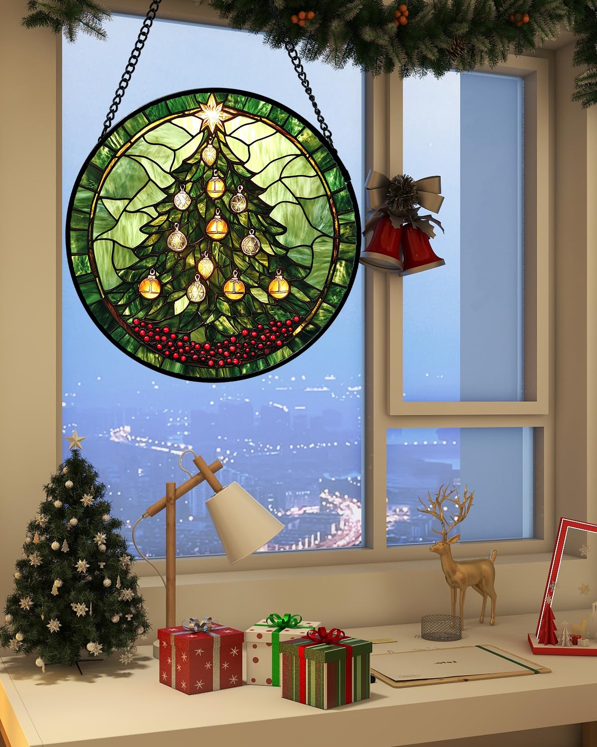 DASTOLL Stained Glass Window Hanging - Green Christmas Tree Golden Bells Suncatcher for Doors Home Christmas Decoration Sun Catcher Thanksgiving New Year Birthday Gift for Women Men Mom Nana 7.8 in