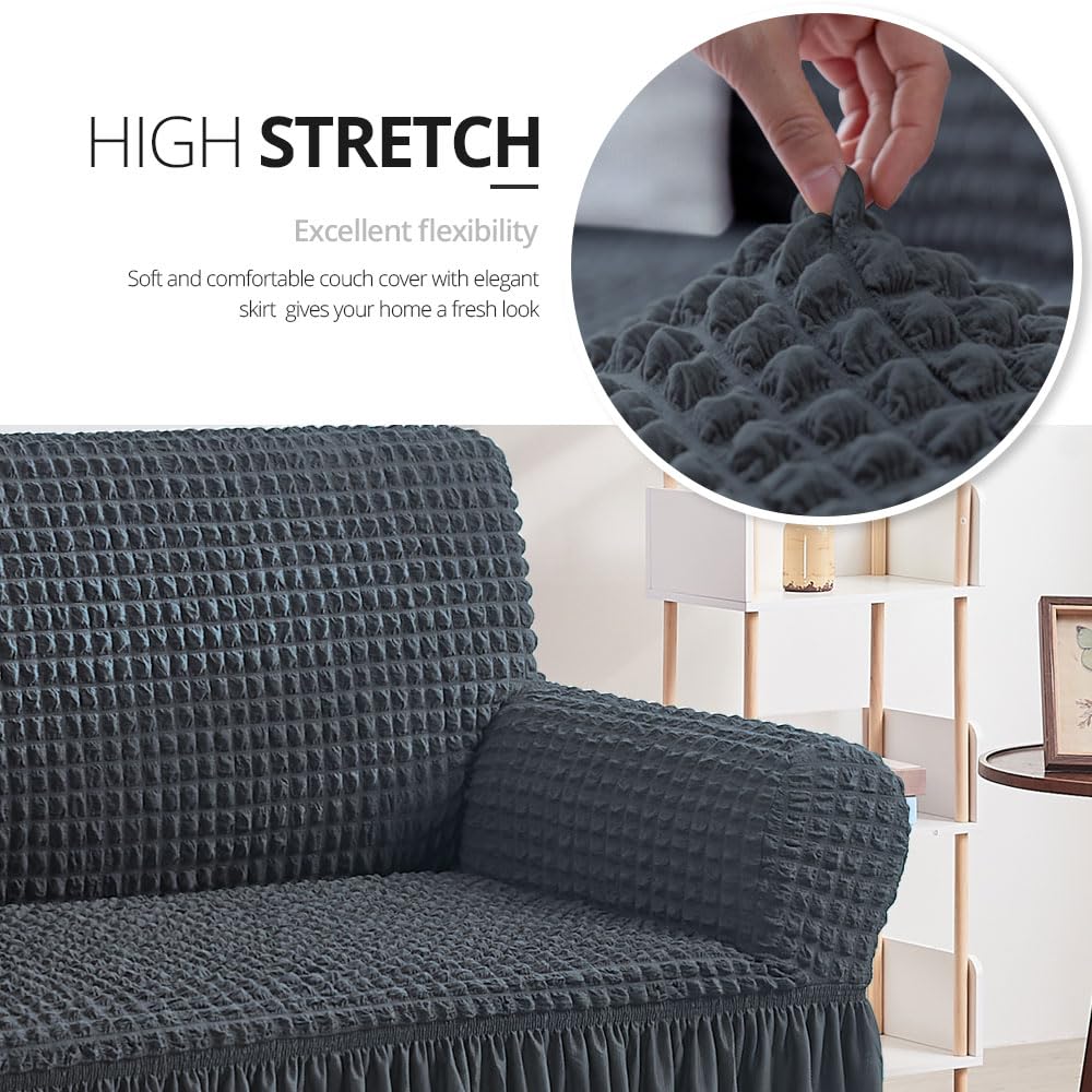 NICEEC Armchair Cover Dark Grey Armchair Slipcover 1 Piece Easy Fitted Sofa Couch Covers Universal High Stretchable Durable Furniture Protector with Skirt Country Style (1 Seater Dark Gray)