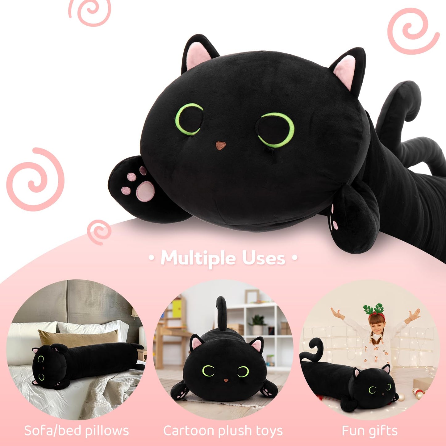 MaoGoLan Black Cat Plush Body Pillow, 44'' Giant Glow in The Dark Cat Stuffed Animal Toy for Girl Boy Kid, Big Cute Kitten Plush Throw Pillow for Birthday Gift, Baby Shower Party Favor Decor