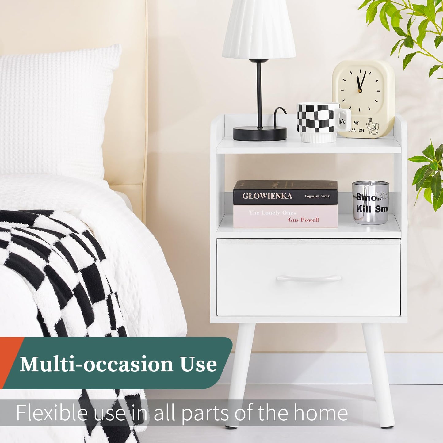 Yoobure Modern Nightstand with Drawer, Bedside Tables, Mid Century Nightstands with Open Storage Shelf, Wood Bedside Table, Small Night Stands for Bedrooms, 2-Tier Night Table