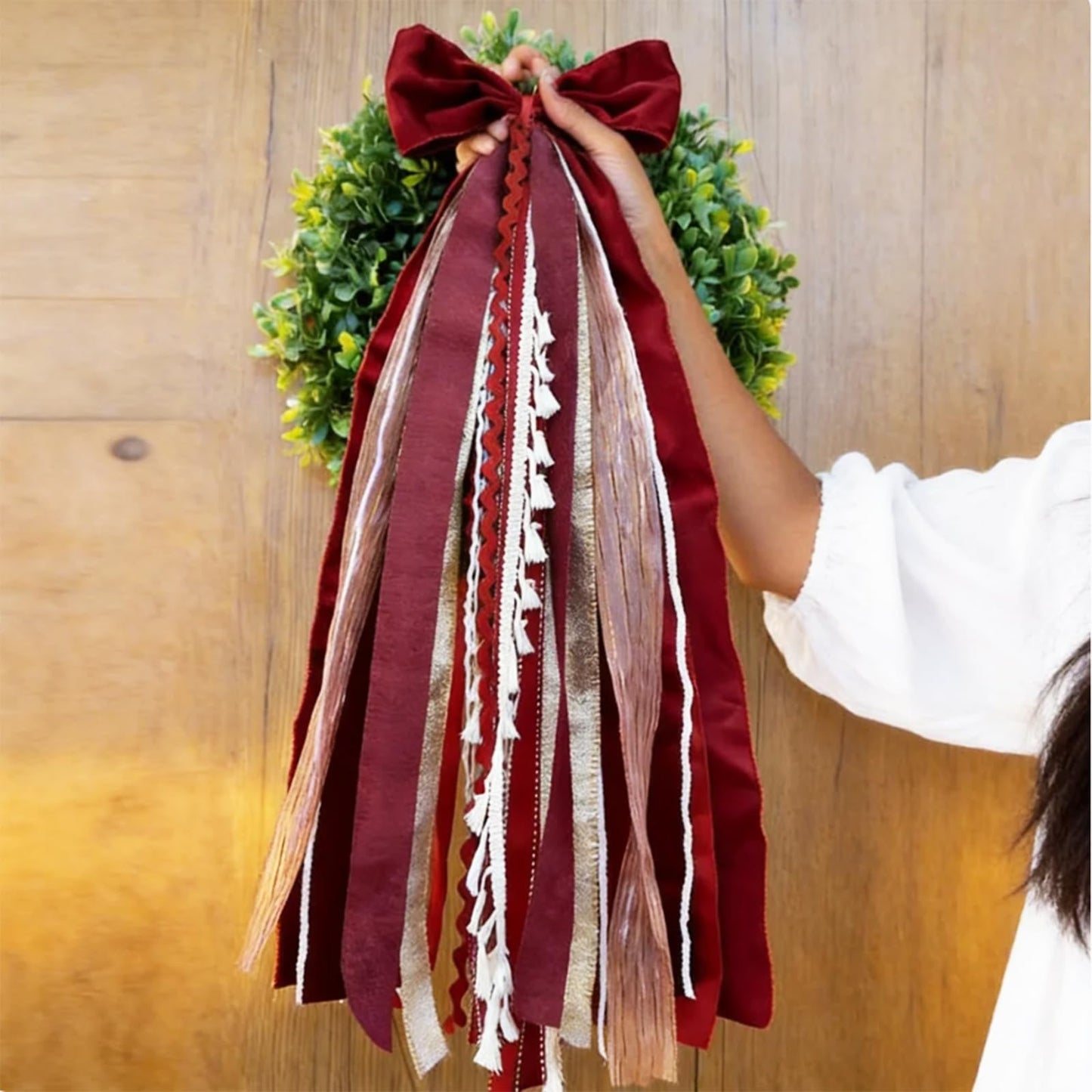 Red and Creamy White Ribbon Bundle with Bow, Clip-On Wreath Sash Ribbons Tree Topper Bow for Christmas Valentine's Day Patriotic Decorations - Indoor & Outdoor Use