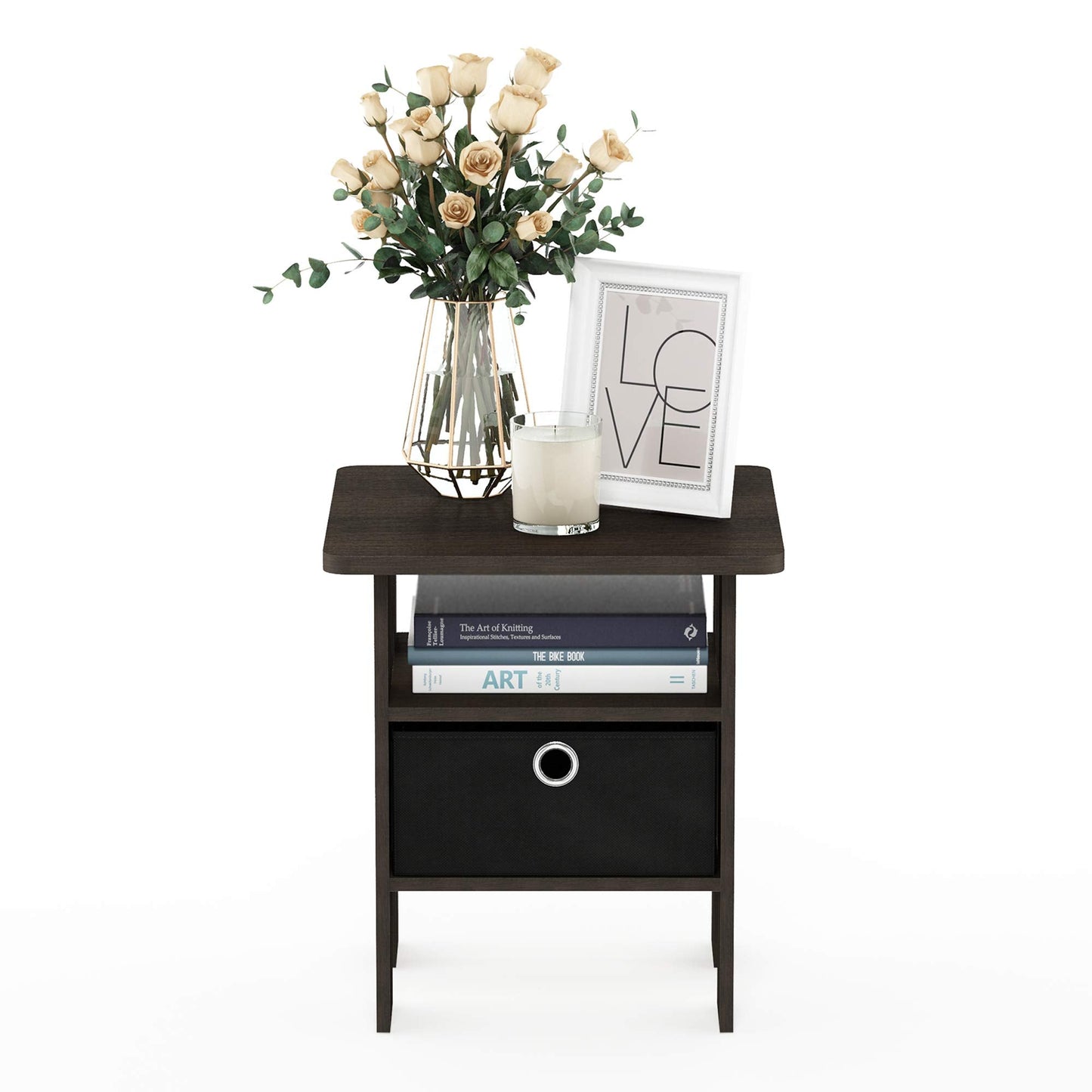 Furinno ANDREY Side Table, End Table, Night Stand with Open Shelves and Storage Bin, Bedside Table, for Living Room, Bedroom, Dark Brown