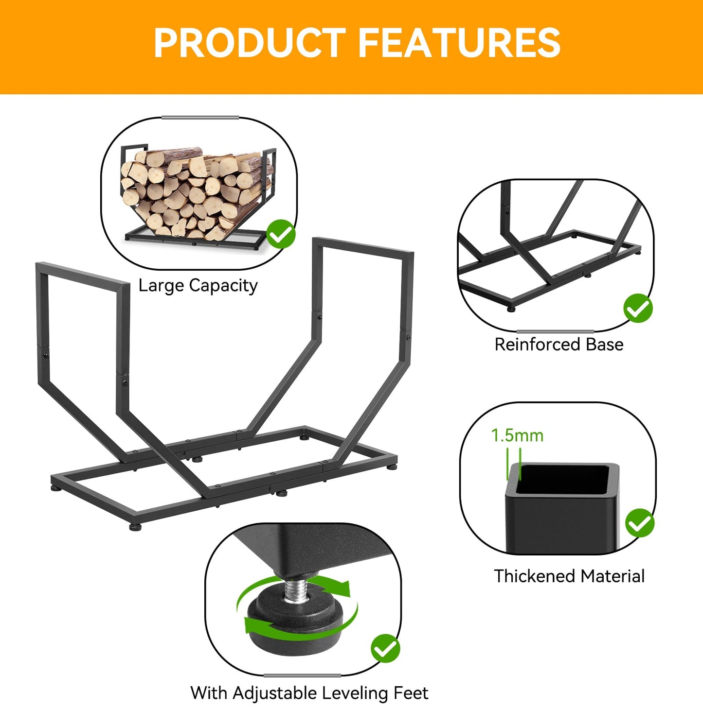 YENGOTH Firewood Rack Outdoor Indoor,31 Inch Firewood Holder,2.58ft Heavy Duty Metal Firepace Log Holder,Wood Storage Rack With Adjustable Feet,Black