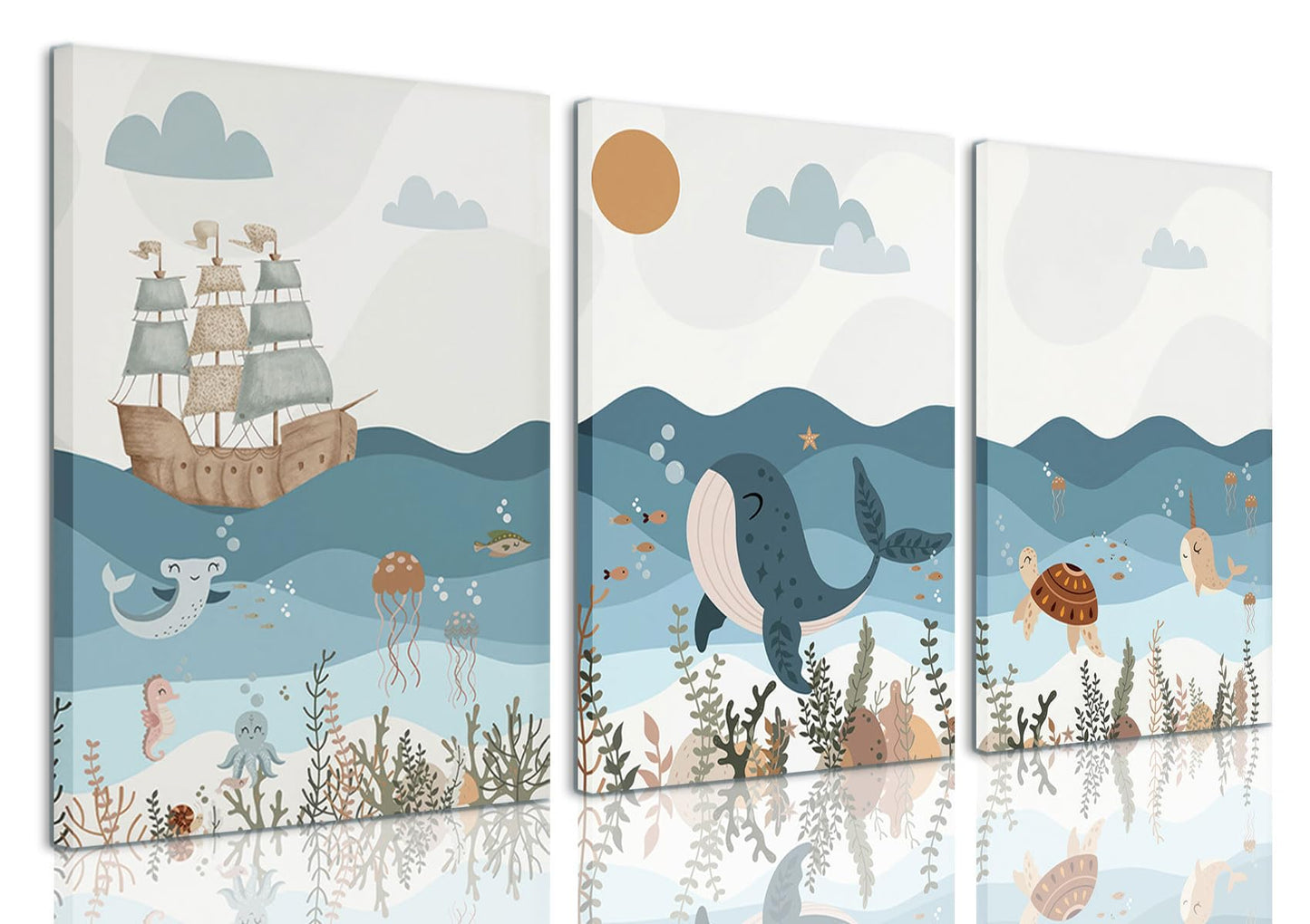 LYPHNX Framed Blue Ocean Nautical Nursery Canvas Wall Art Sea Turtle Whale Animal Painting Picture Set of 3 Kids Prints Poster Wall Decor for Baby Boys Girl Children's Room Bedroom Bathroom 12"x16"