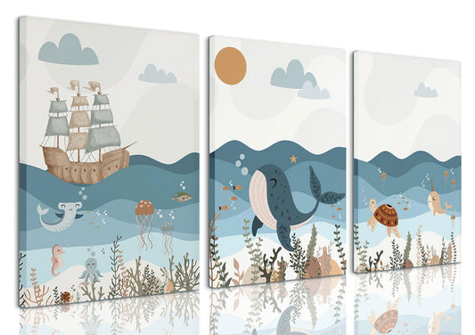 LYPHNX Framed Blue Ocean Nautical Nursery Canvas Wall Art Sea Turtle Whale Animal Painting Picture Set of 3 Kids Prints Poster Wall Decor for Baby Boys Girl Children's Room Bedroom Bathroom 12"x16"