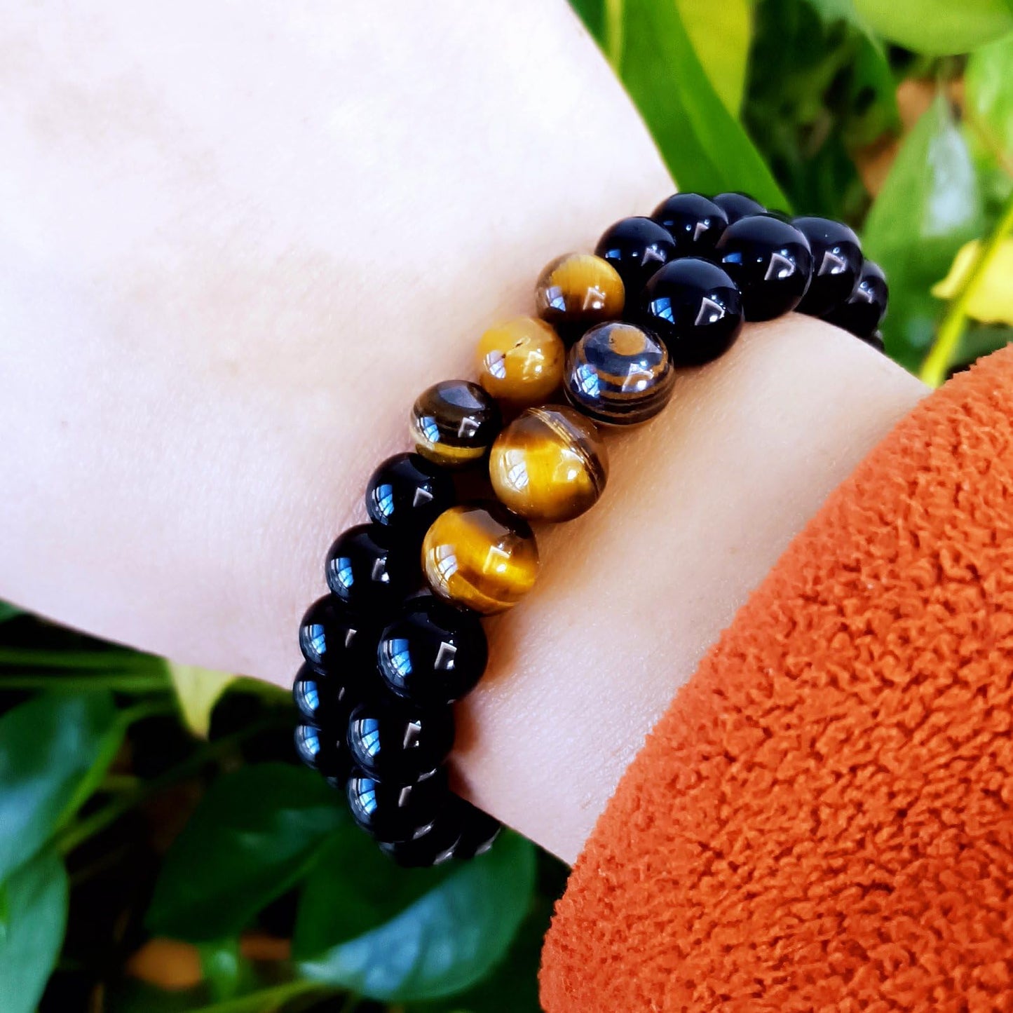 WEFRIN Triple Protection Bracelet for Bring Luck and Prosperity Hematite Black Obsidian Tiger Eye Stone Bracelets for Men Women, Beaded Buddha Healing Rope Uni Bracelet (2pcs) (J)