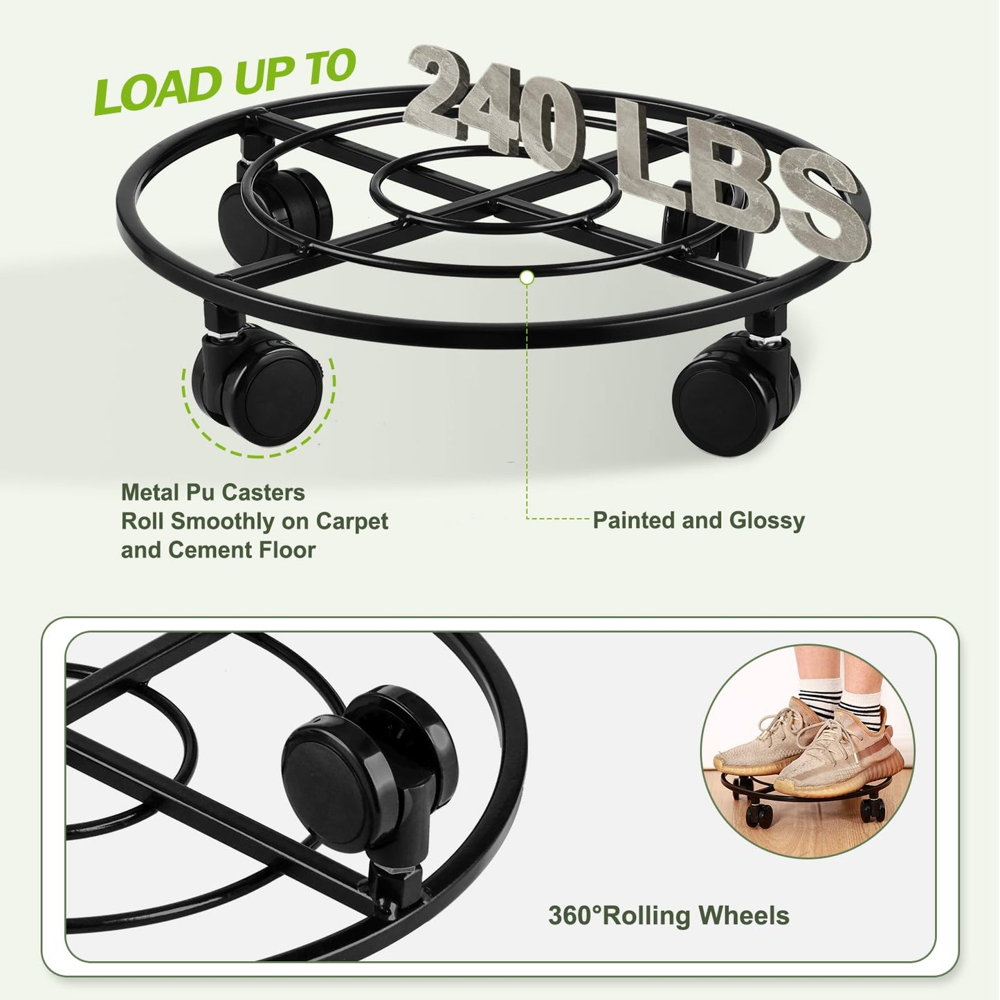6 Packs Large Metal Plant Caddy 12" Heavy-duty Plant Dolly with PU Wheels Wrought Iron Rolling Plant Stand with Casters Indoor Outdoor Plant Pot Movers Planter Rollers Coaster Trolley, Black