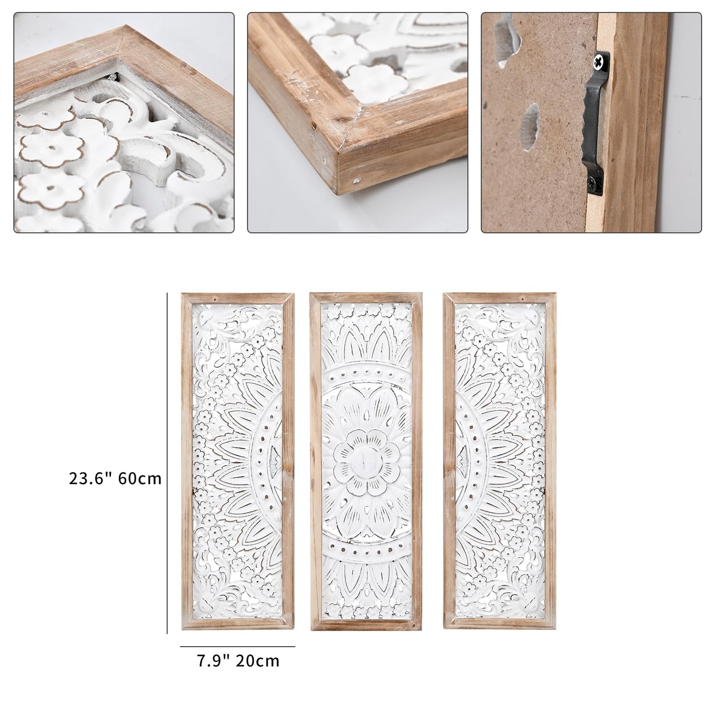 SwallowLiving 3D Layered Mandala Wood Wall Art Set of 3 – 23.6" Large Sacred Geometry Floral Sculptures, Intricately Carved Wood Panels for Meditation Room, Yoga Studio & Boho Decor, Distressed White