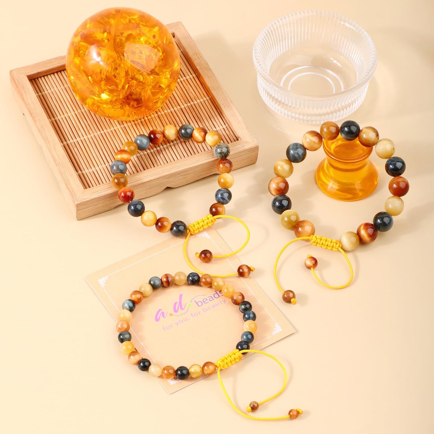 AD Beads 8mm Golden Colorful Tiger Eye - Warmth and power - Handmade Natural Stone Crystal Bracelet with Adjustable Macrame String - Yoga Healing Power Energy Gifts for Men and Women