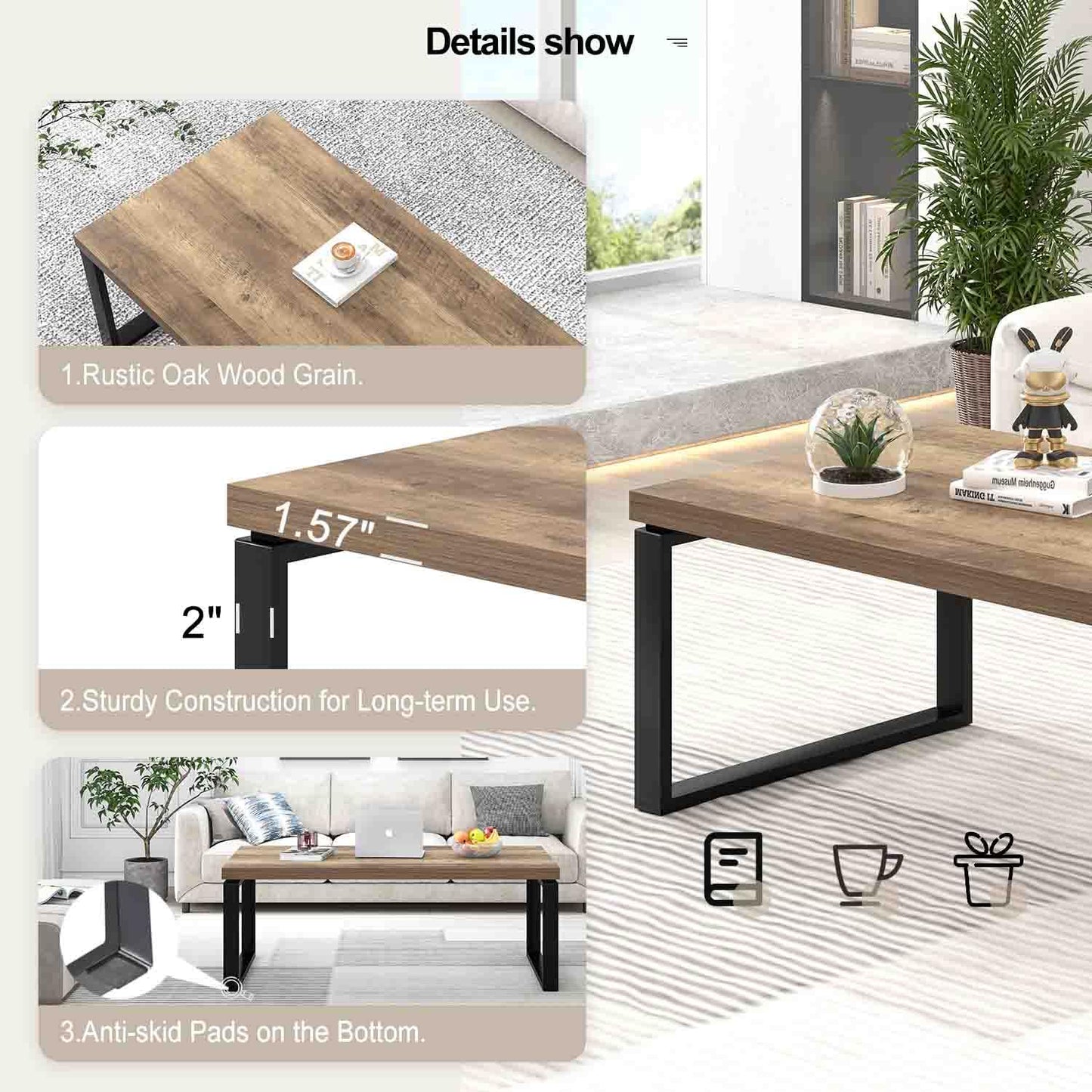 EXCEFUR Coffee Table, Modern Wood and Metal Living Room Table, Industrial Rectangle Center Table for Home Office, Rustic Oak, 47 Inch