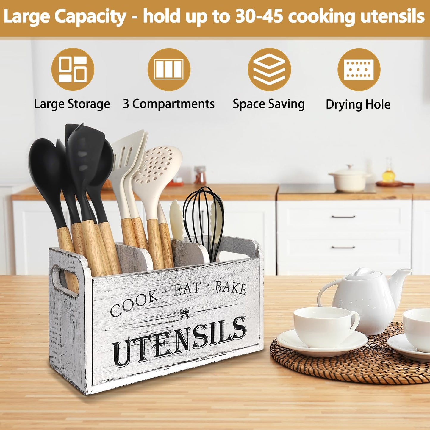 Essovee Farmhouse Kitchen Utensil Holder with 3 Compartments, Wooden Utensil Organizer for Countertop, Utensil Holder Rustic Cooking Utensil for Farmhouse Kitchen Decor