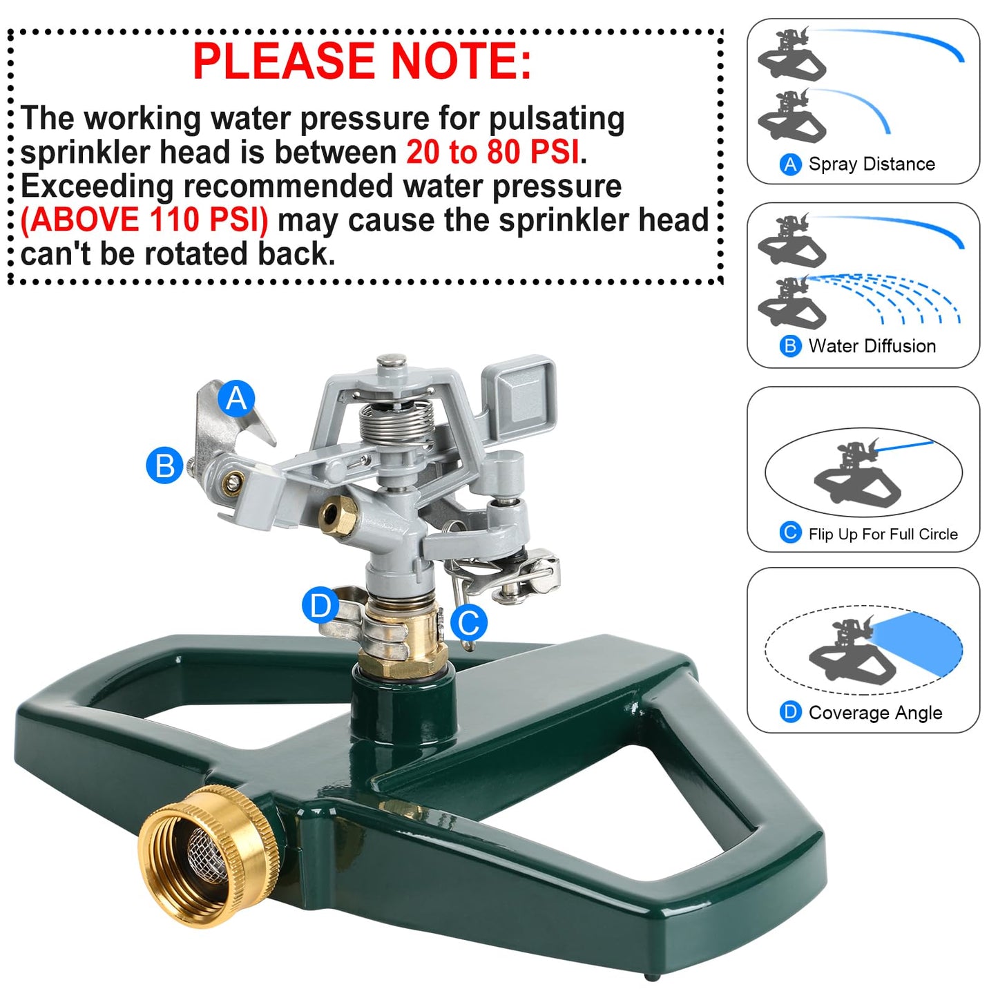 STYDDI Heavy Duty Impact Pulsating Sprinkler for Yard, All Metal Adjustable Rotating Circular Impulse Lawn Sprinkler for Medium to Large Areas, Lawn and Garden, Coverage up to 5,800 Sq. Ft