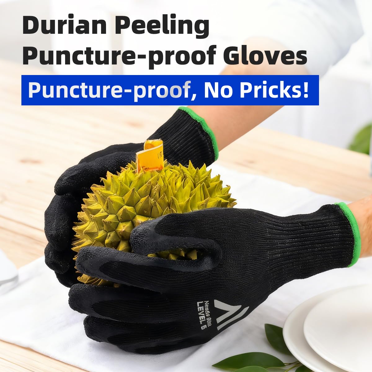 MACSHRK Level 5 A9/F Cut Resistant Gloves HPPE + Steel Wire Palm-Coated Textured Latex Anti-Stab/Puncture for Durian Opening (X-Large)