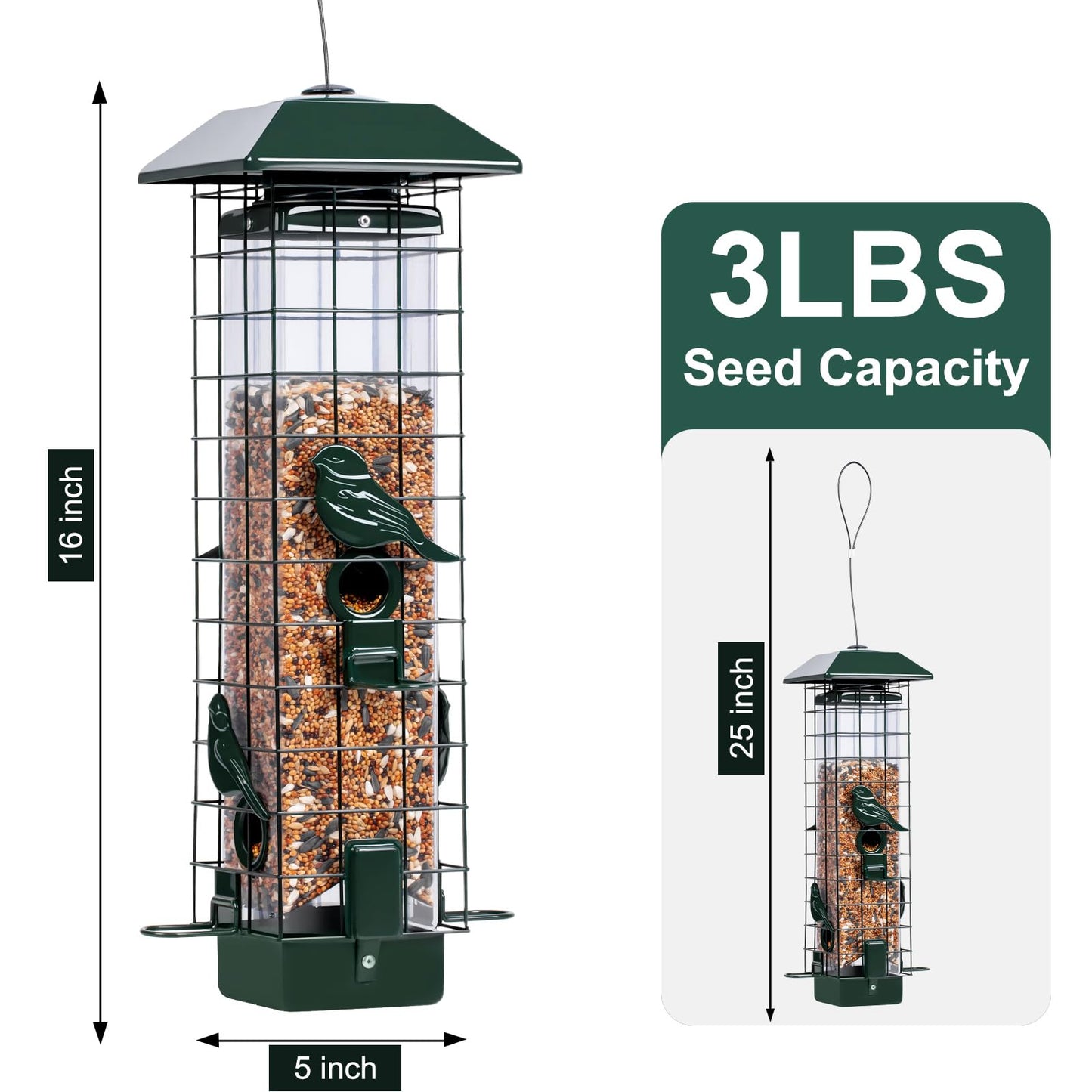 Squirrel Proof Bird Feeders for Outdoors, Metal Wild Bird Feeder for Outside Hanging, 4 Ports Perches, 3LB Large Capacity (Green)