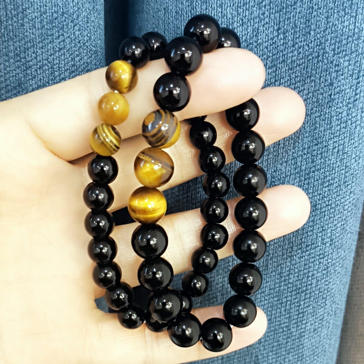 WEFRIN Triple Protection Bracelet for Bring Luck and Prosperity Hematite Black Obsidian Tiger Eye Stone Bracelets for Men Women, Beaded Buddha Healing Rope Uni Bracelet (2pcs) (J)