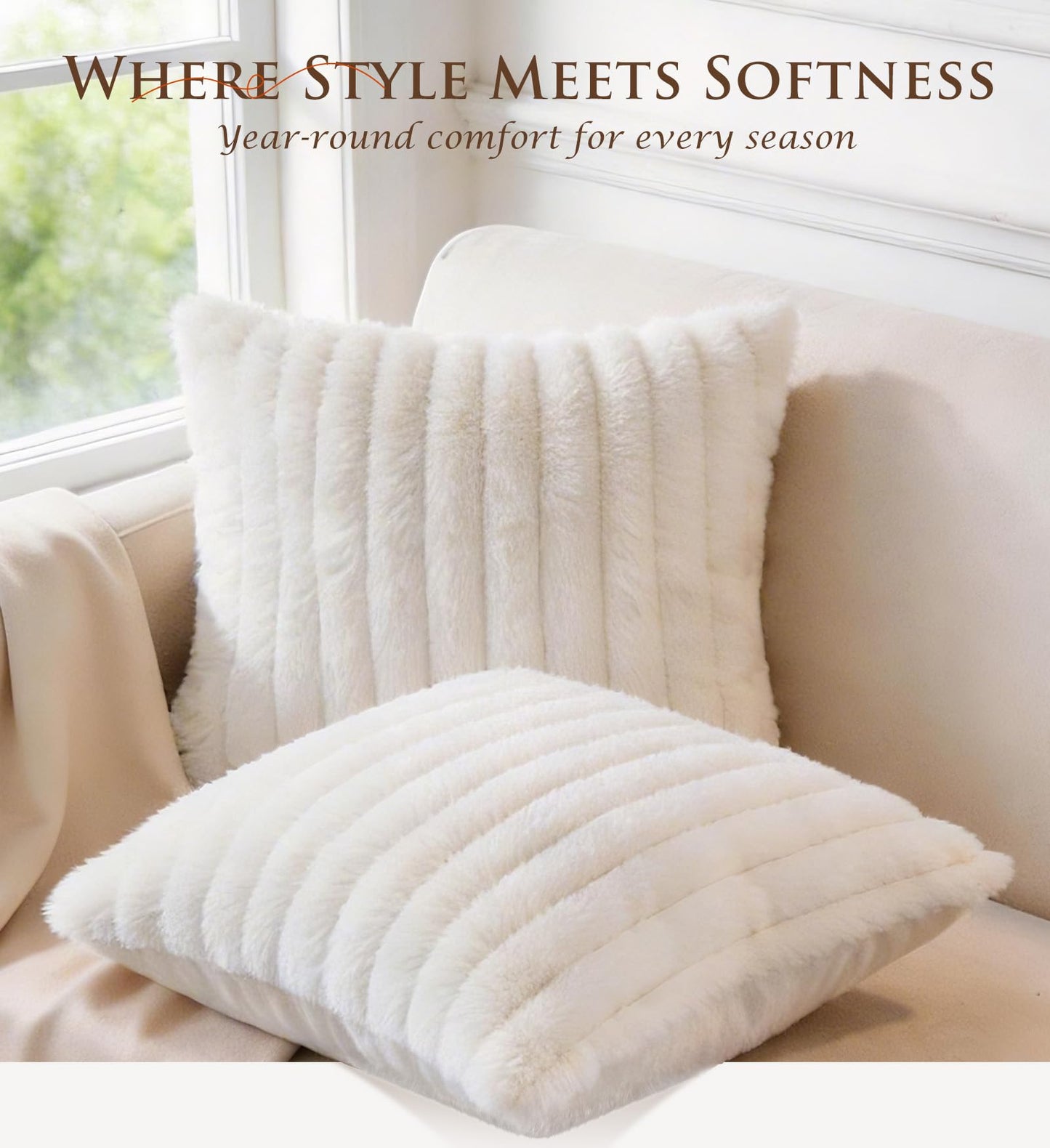 MEGAYES Set of 2 Decorative Throw Pillow Covers 18x18 Faux Fur, Soft Plush Striped Square Couch Cushion Cases with Velvet Back for Sofa Bed Living Room Modern Farmhouse Boho Euro, Neutral White