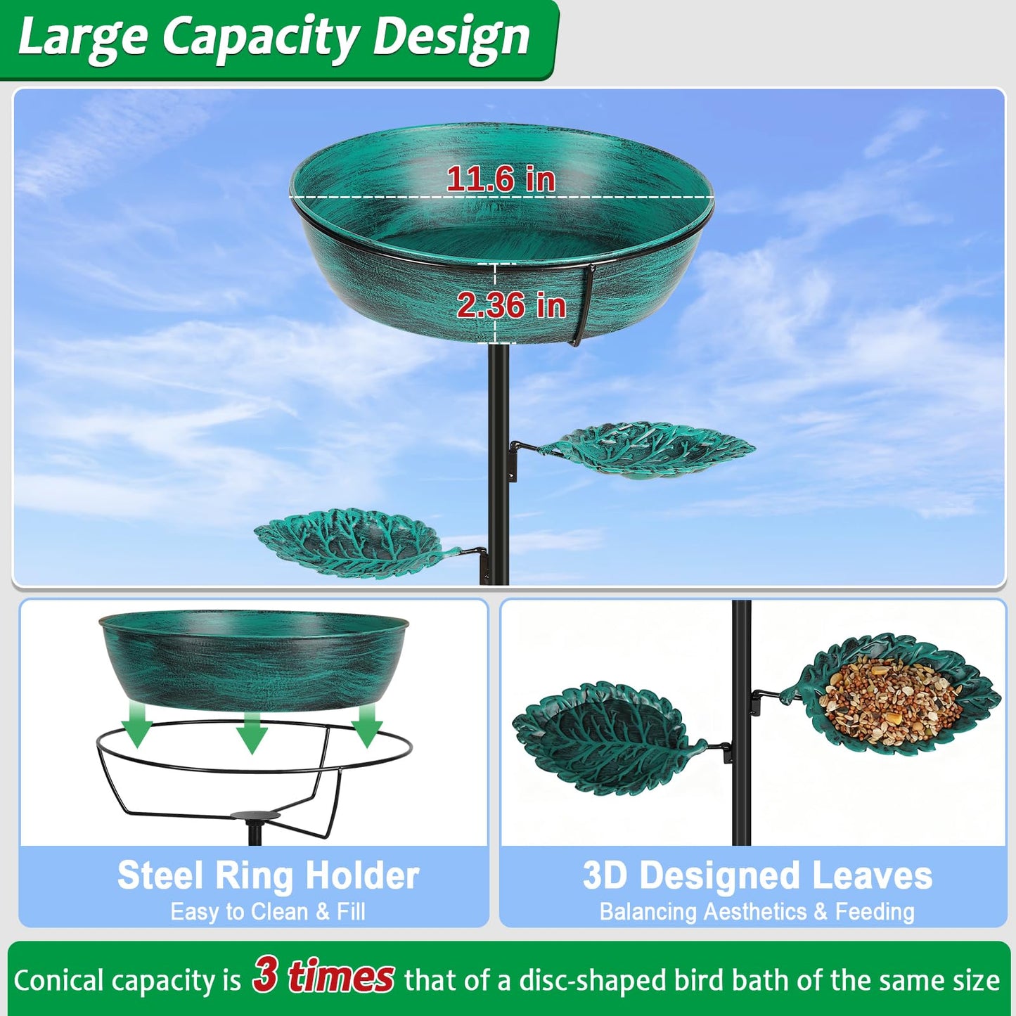Olpchee Metal Bird Bath for Outdoor - Garden Bird Bath with Removable Bowl Heavy-Duty Base, Winter Birdbath Feeder Rust-Proof Birdbaths for Garden Yard Lawn Decor, Easy to Install(Green)