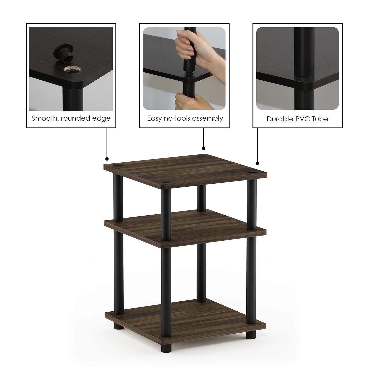 Furinno TURN-N-TUBE Side Table, 3-Tier Square Modern End Table, Open Shelves Nightstand, Night Stand, Bedside Table, Easy Assembly, for Living Room, Bedroom, Columbia Walnut