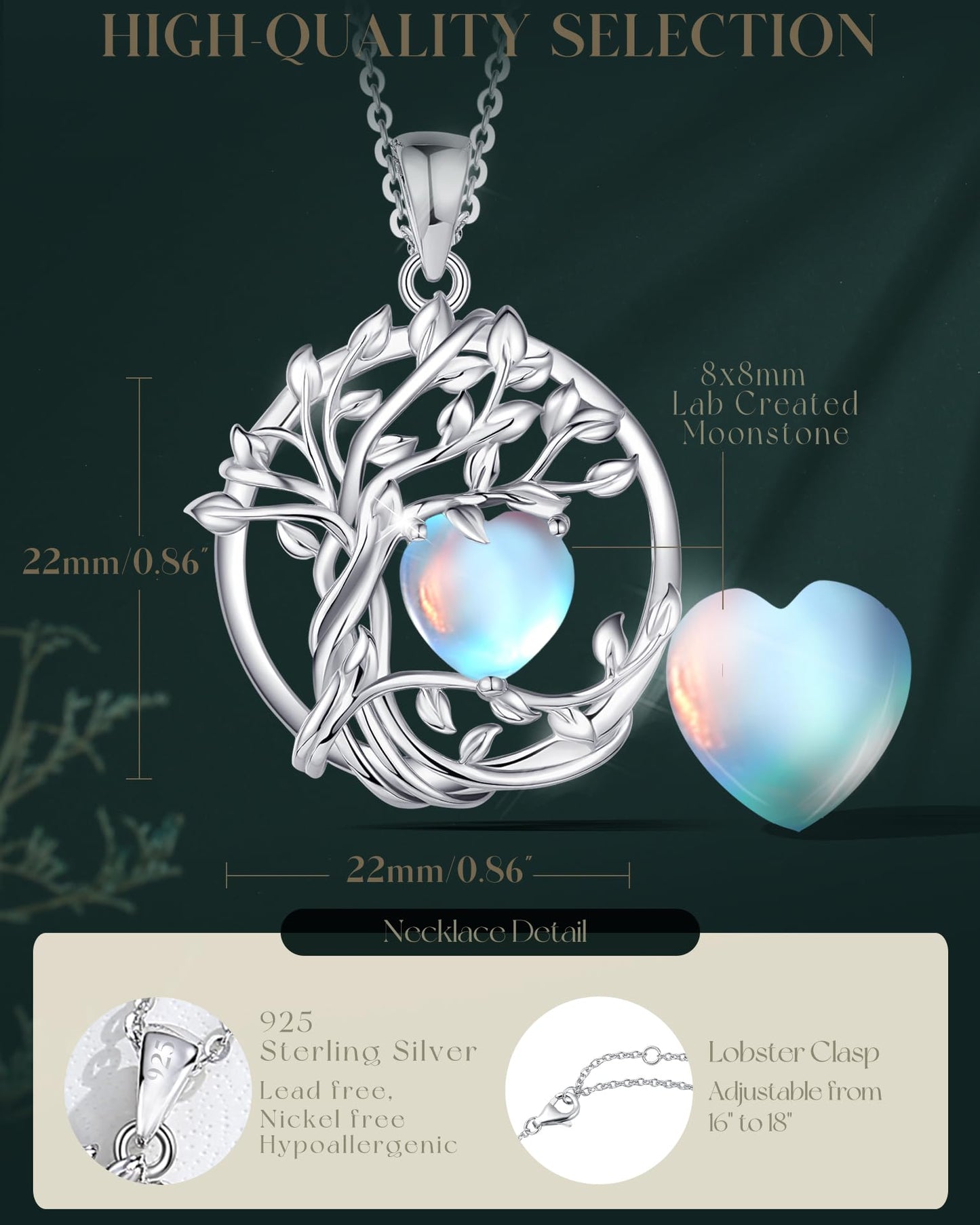 FANCIME Tree of life June Birthstone necklace for women Sterling Silver Tree Jewelry Moonstone Pendant Rainbow Gemstone Anniversary Birthday Christmas Gifts for Wife Mom Her