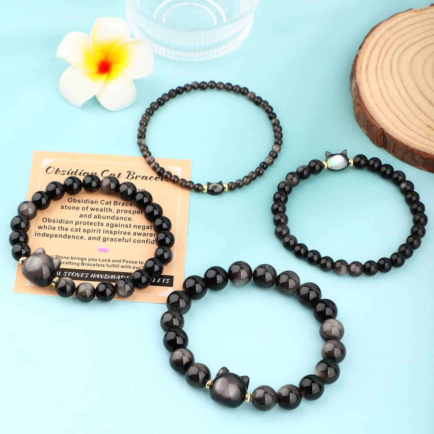 AD Beads 4mm Cat Head Silver Obsidian Bracelet – Attract Money, Abundance & Business Luck, Beaded Spiritual Energy Bracelet for Women and Men