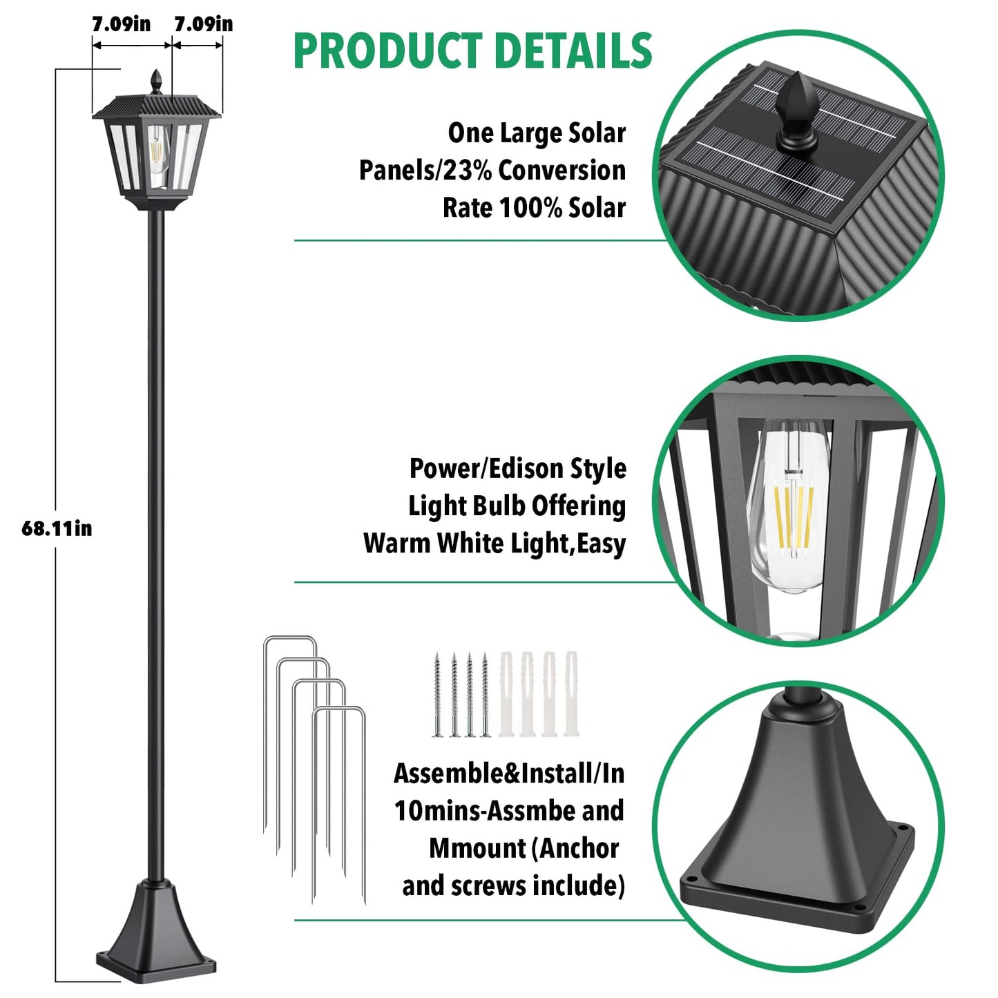 68" Solar Lamp Post Light Outdoor - 3000K Warm White, IP45 Waterproof Post Solar Lights Outdoor, Pole Lights Decorative Lamp for Yard Garden Patio Lawn Pathway Driveway Front/Back Door (2PK)