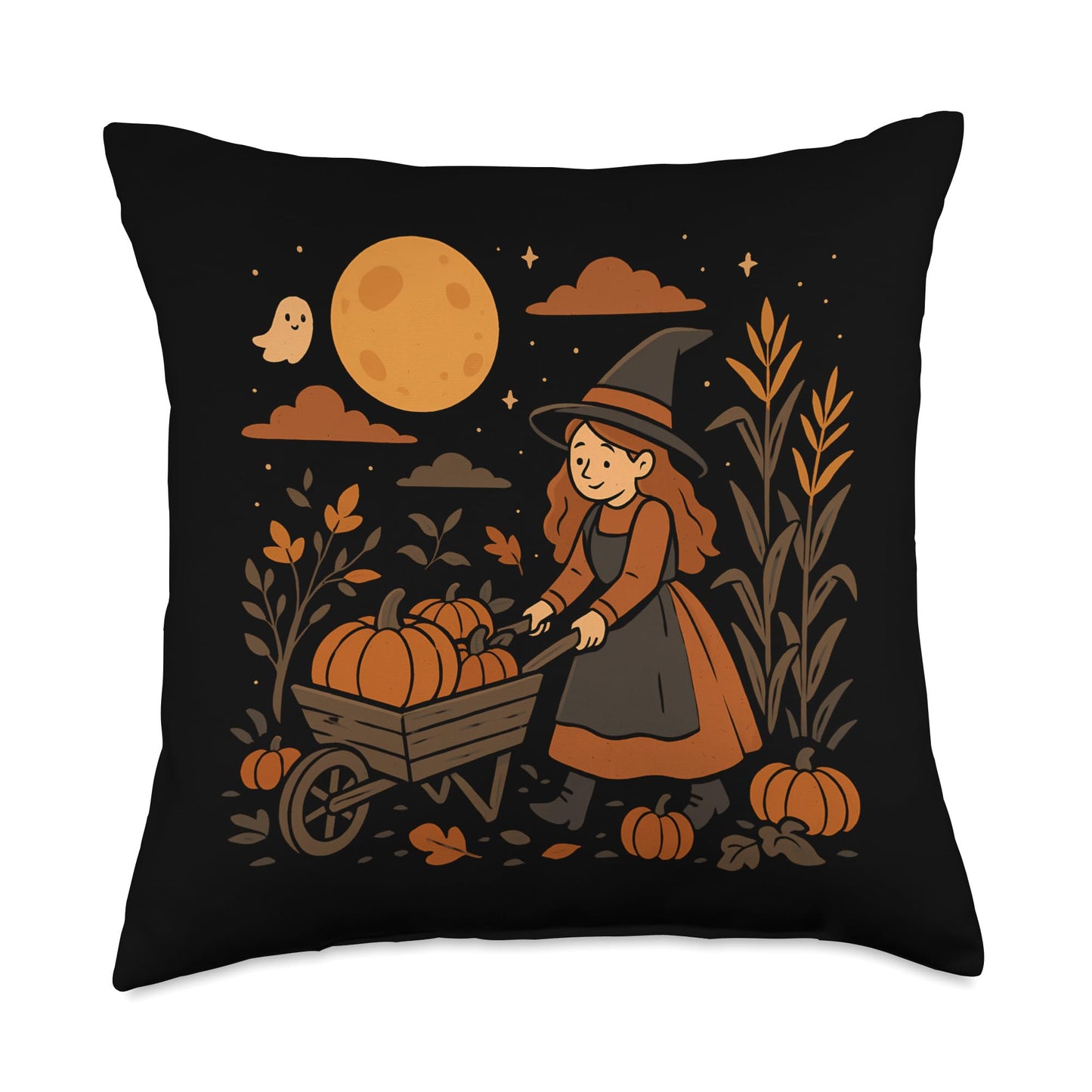 Witch with Wheelbarrow of Pumpkins Throw Pillow