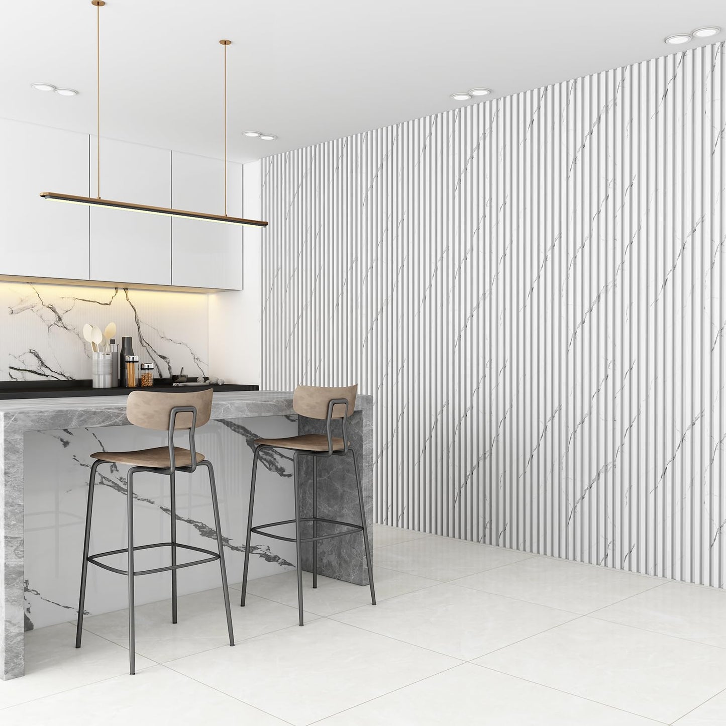 VESLARA 8-Pack WPC Wall Panels 108’’ x 6.1’’ 3D Slat Wall Panel Acoustic Wall Paneling for Interior Wall Decor TV Background Kitchen Bedroom Marble White