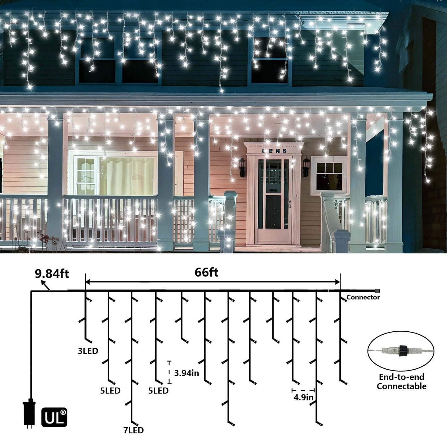 QITONG Icicle Lights for Outside, 66ft 800 LED String Lights Plug in with 8 Modes, Connectable White Icicle Christmas Light Clear Wire Indoor