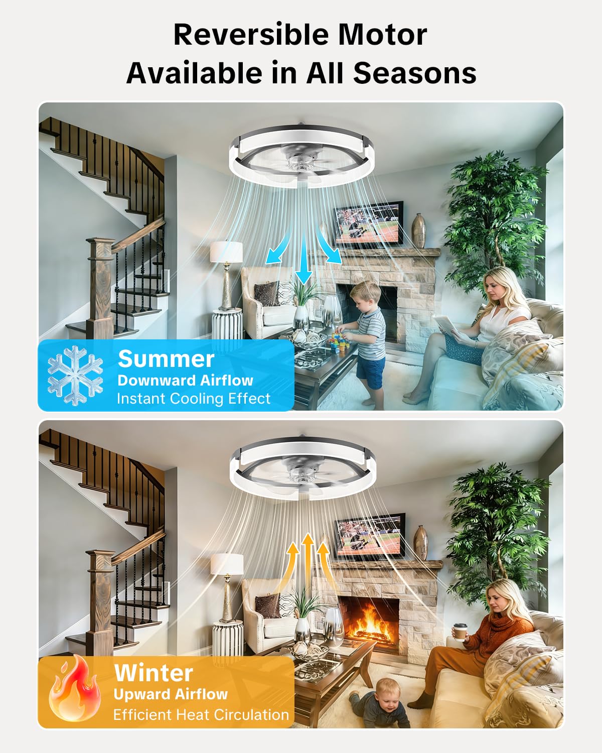 AIKVSXER 20" Ceiling Fan with Light, Modern Low Profile Fan Light, Quiet DC Motor, 6 Speeds, 3000K-6500K Dimmable LED, App & Remote Control, for Bedroom Living Room Indoor Home Decor