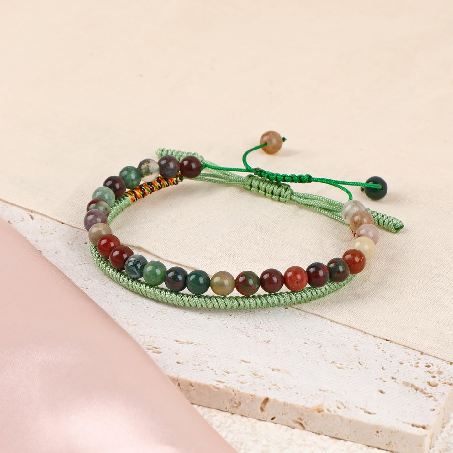 LPBeads 6mm Indian Agate Bracelet with Handmade Rope Bracelet Size Adjustable Natural Stone Crystal Healing Bracelets Gifts for Unisex Adults