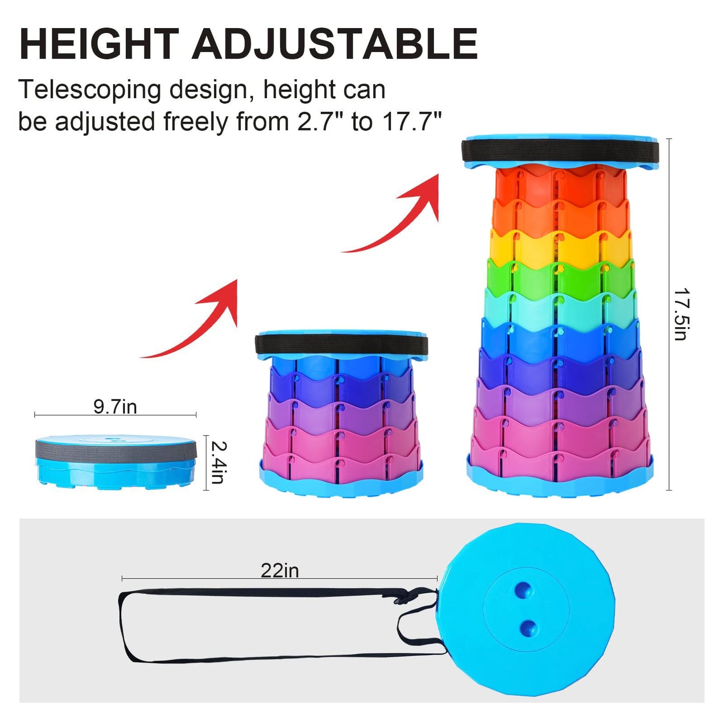 Doseno Upgraded Foldable Stool Thickened, Portable Collapsible Stool Retractable Stool for Fishing, Hiking Tours, BBQ, Parties, Outdoor Activities (Rainbow)