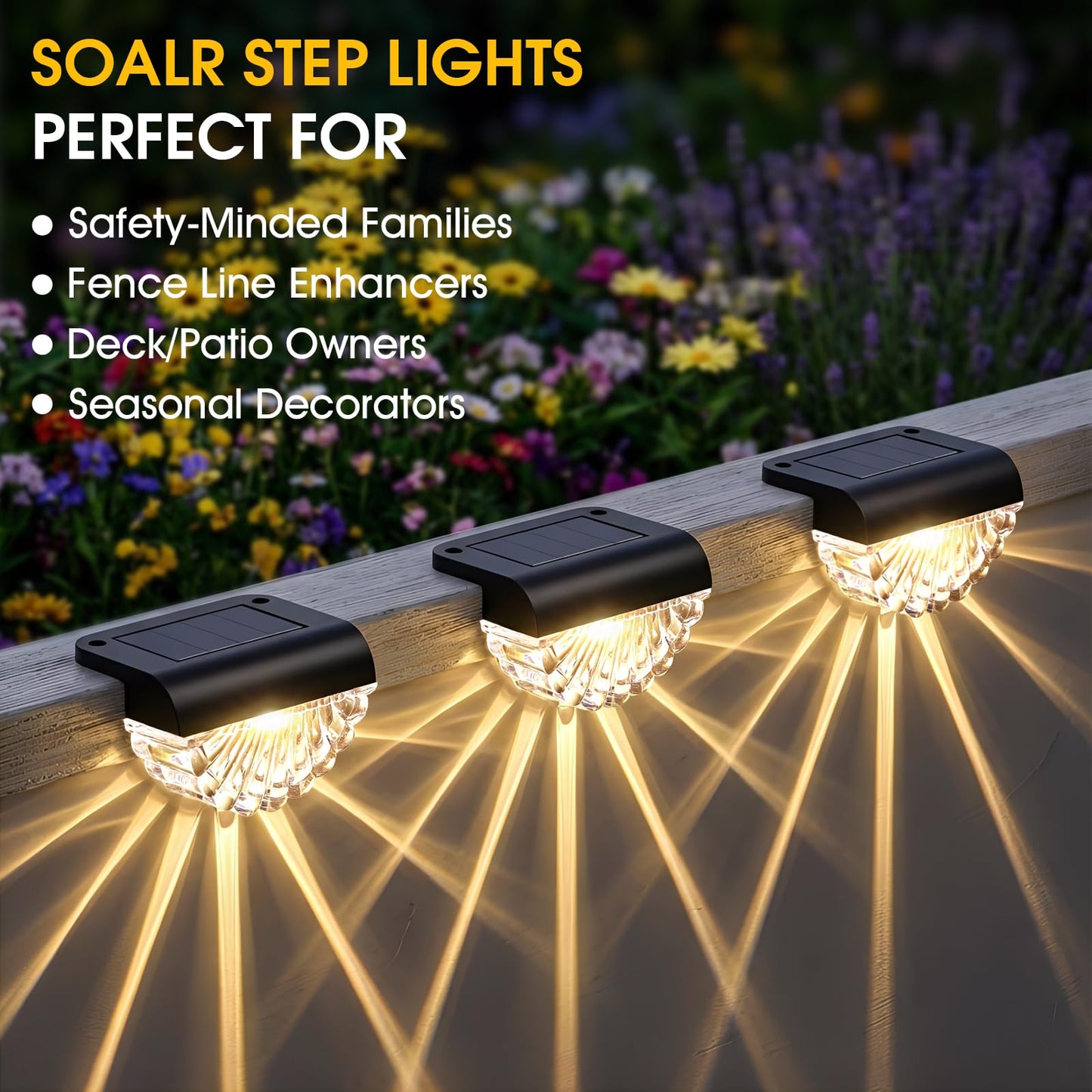 Greluna Solar Fence Lights Outdoor, 12 Pack Waterproof Deck Lights, Auto Dusk to Dawn Step Lights with Warm White Glow, Easy Install for Fence, Patio, Stairs, Pathway, Garden Lighting