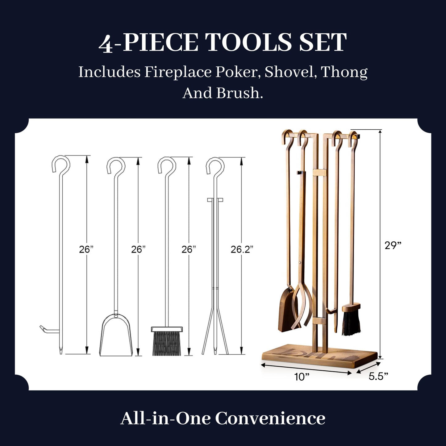 2WAYZ FLAMELY 5-Piece Fireplace Tools Set - Includes Fire Poker, Shovel, Brush, Tongs, Stand - Heavy-Duty Fireplace Accessories and Fire Tools for Indoor or Outdoor Use
