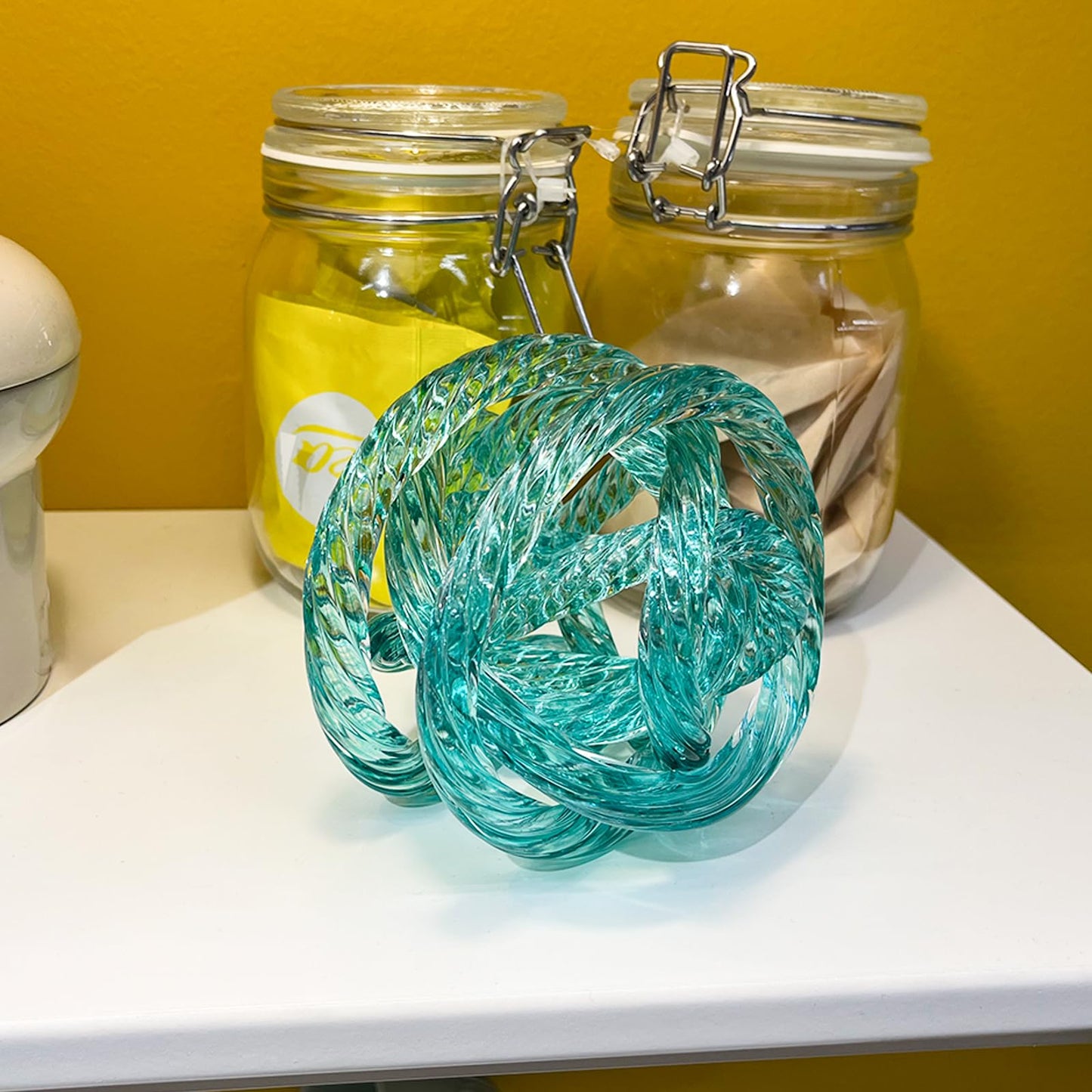 ORRFIDDY Glass Knot Teal Orbit Ball - 5 Inch Hand Blown Infinity Sculpture Decor Glass Orbit Home Decor Table Decoration Interio Art