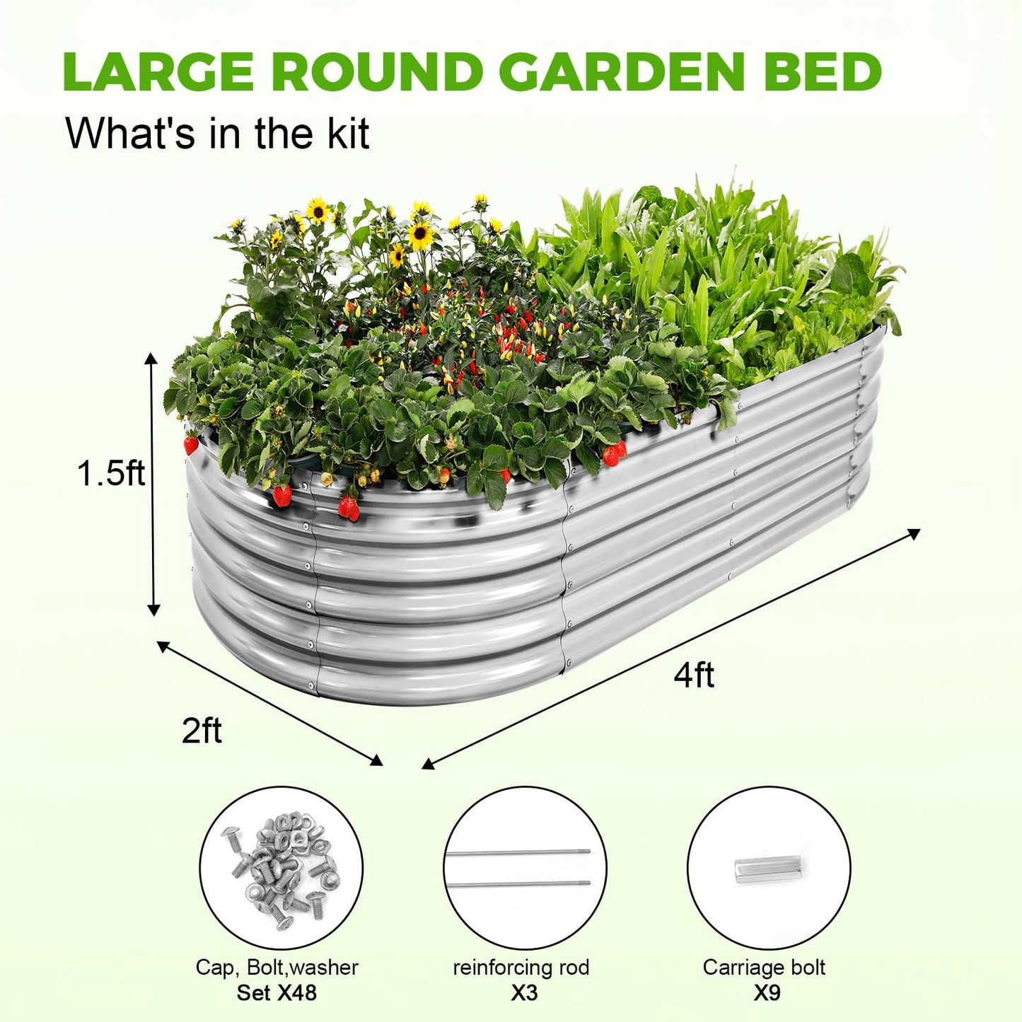 Land Guard 4×2×1.5ft Galvanized Raised Garden Bed Kit, Galvanized Planter Garden Boxes Outdoor, Oval Large Metal Raised Garden Bed for Vegetables……… (Classic Silver