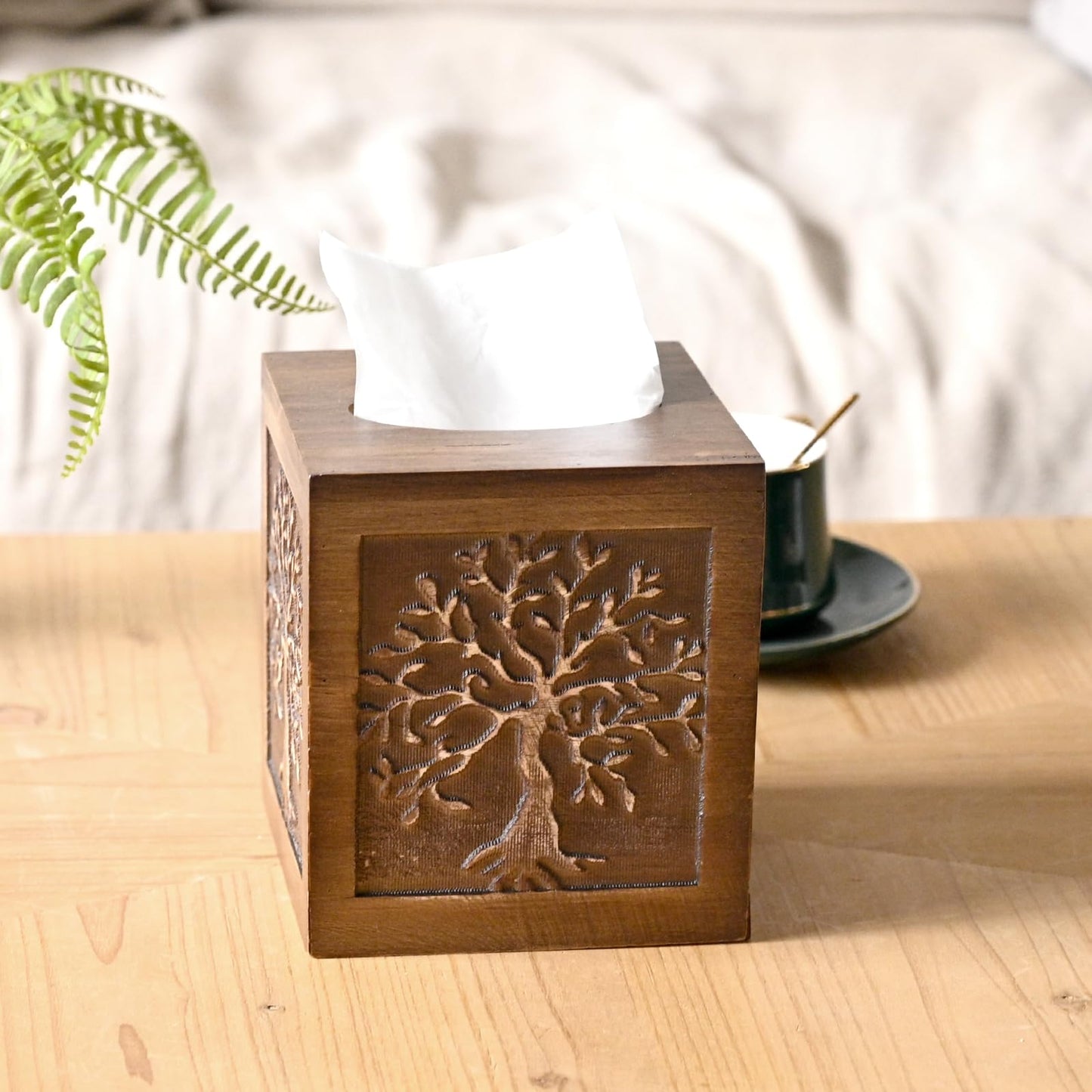 SwallowLiving Upgraded Large Tissue Box Cover Square - Decorative Wooden Tissue Holder with Sliding Bottom, Tree of Life Farmhouse Decor for Bathroom, Office Living Room, Fits Most Cube Tissues, Brown