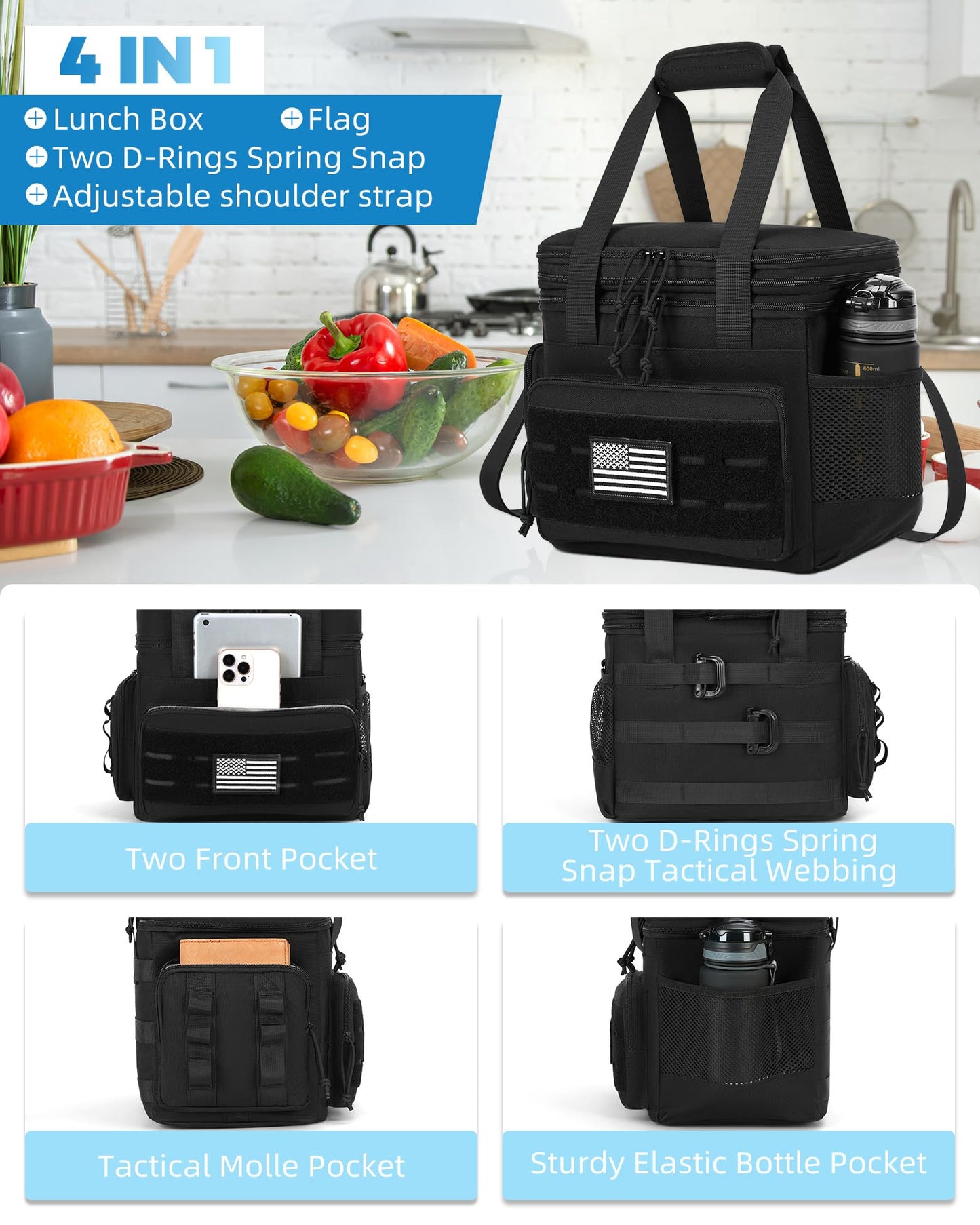 holuxer Tactical Lunch Bag & Lunch Box for Men - Large Double Deck Expandable Insulated Soft Adult Lunchbox for Work - Cooler Bag for Beach, Picnic, Camping,Outdoor，Travel (Black,16L)