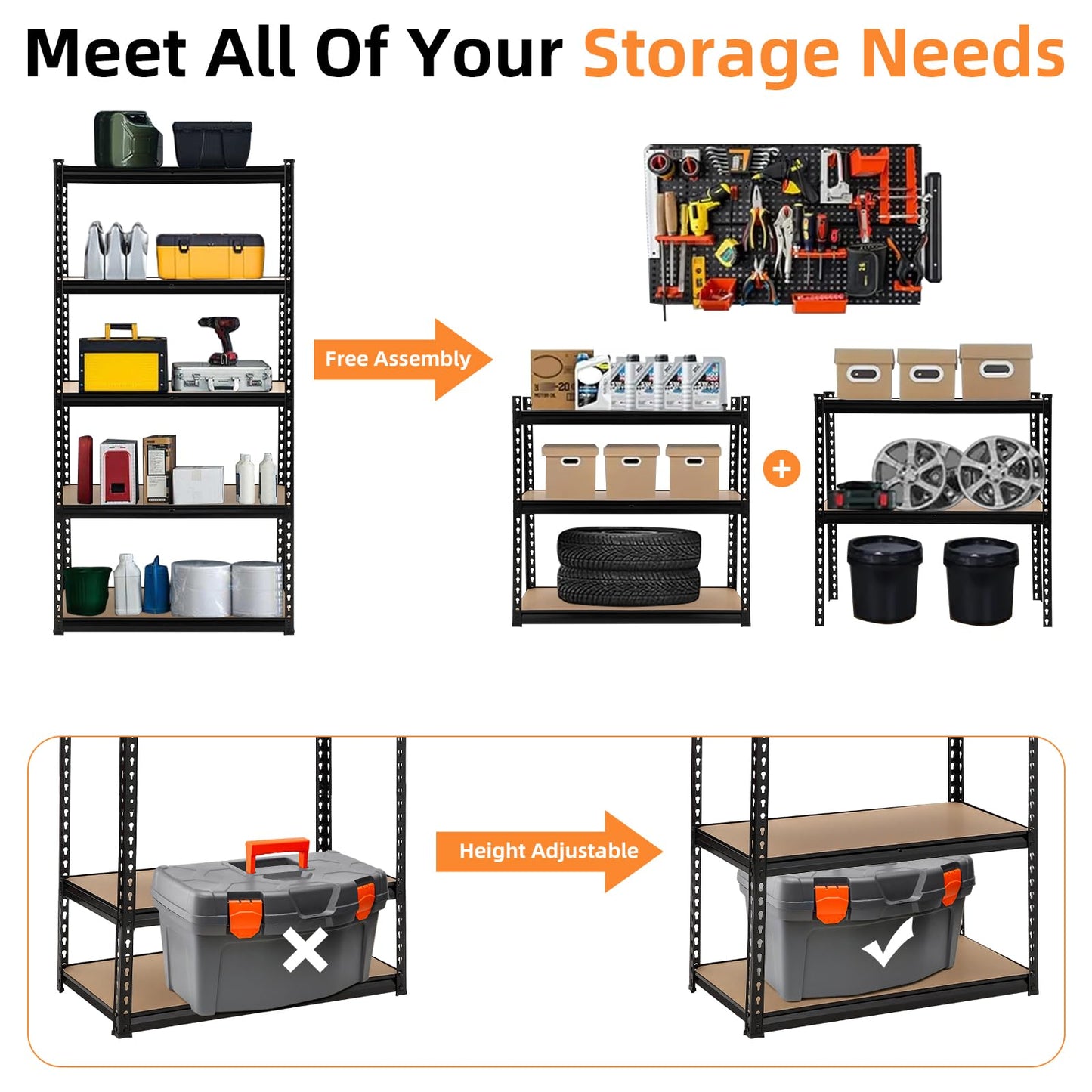 GarveeHome Garage Storage Shelves, 5-Tier Utility Shelves, Adjustable Storage Shelves, Industrial Shelving, Load 3860 LBS Heavy Duty Storage Shelves for Garage Kitchen Basement Laundry Pantry,Black