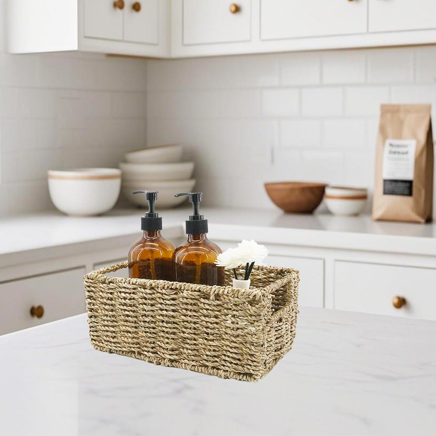 YRMT Small Seagrass Storage Basket Toilet Paper Baskets with Built-in Handles Bathroom Organizer Narrow Baskets for Organizing Toilet Tank 2 Pack (Seagrass)