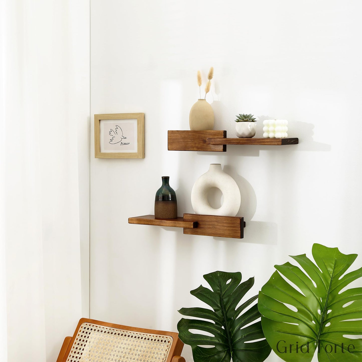 GRID FORTE Wood Floating Shelf Set of 2, 4.5D x 15W Inch Modern Reversible Wall Shelves, Minimalism Wall Mount Hardwood Shelves, Wall Decor for Bedroom Living Room Kitchen (Walnut)