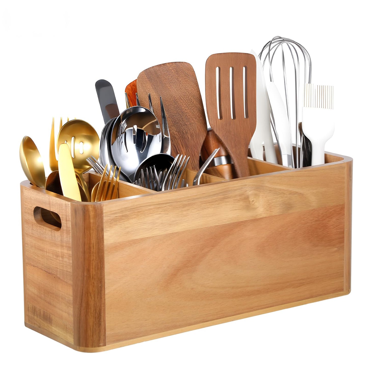 Xosjska Wooden Kitchen Utensil Holder Organizer for Counter or Countertop, Extra Large Acacia Wood Organizer with 4 Compartments for Storage Spoons and Spatulas Utensils and Cutlery Storage