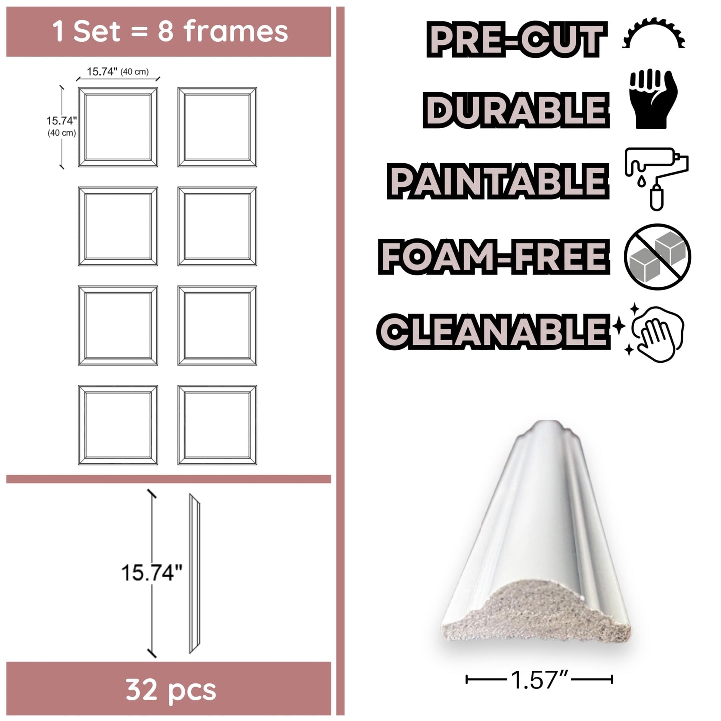 Peel and Stick Wall Moulding Panel Kit | Paintable Wainscoting Panels for Wall | Picture Frame Wall Trim Molding | DIY Accent Wall | 8 Frame Set (15.74"x15.74") | Timeless Detail Made Effortless