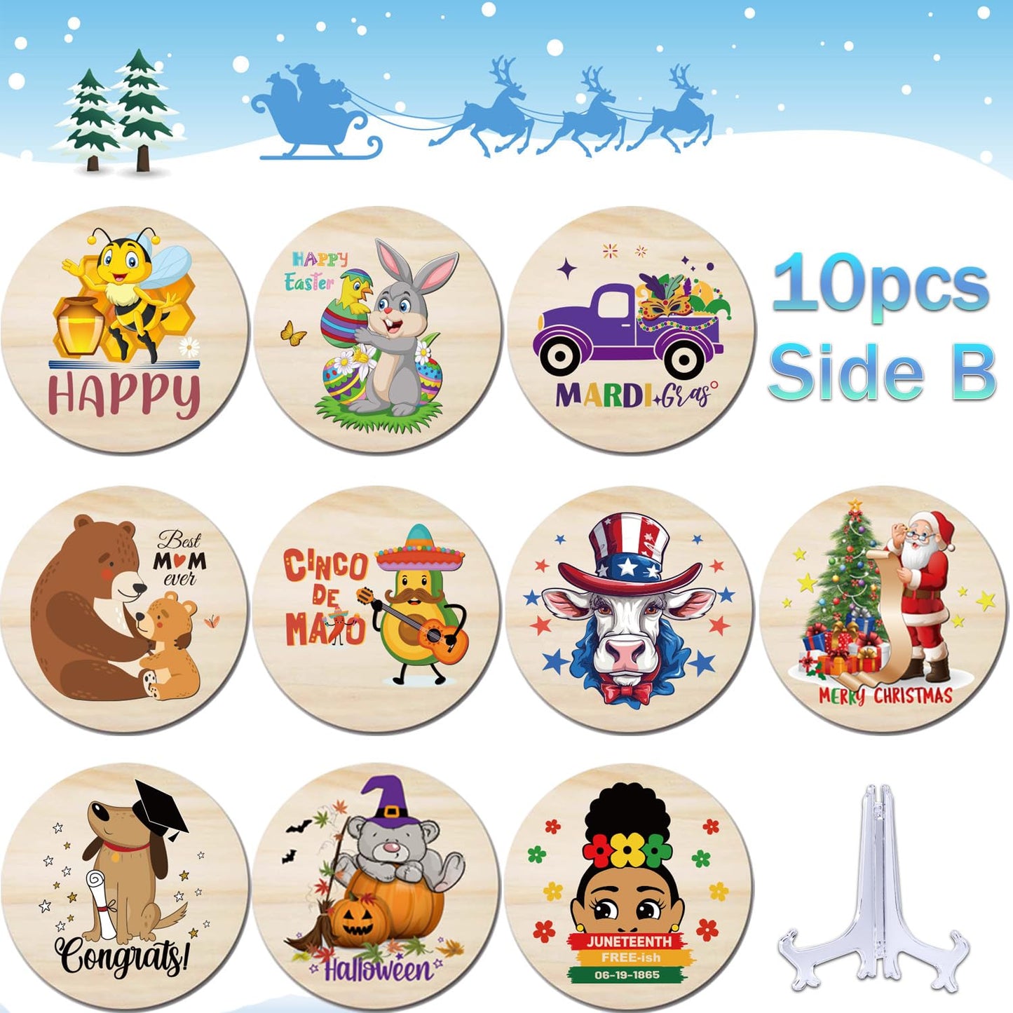 4in 10Pcs Interchangeable Home Table Signs with Seasonal Icons, Wooden Welcome Signs Interchangeable Holiday Decorative Table Shelf Centerpiece for Holiday Room Decor