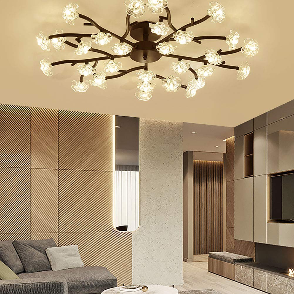 EUUDROBY Creativity Crystal Ceiling Light Fixture Nordic Tree Branch elier Painted Iron Finish Pendant Light Indoor Home Modern Simple Hanging Ceiling Lamp, 30 Lights, Black