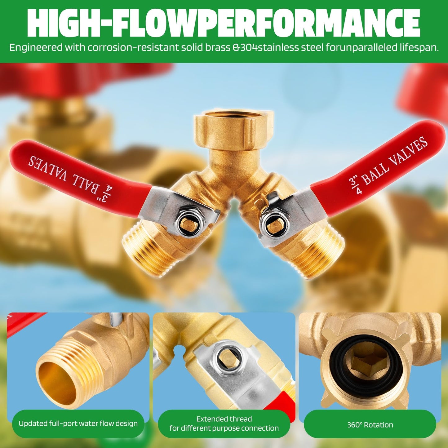 ZZBUY Hose Splitter 2 Way Heavy Duty, 3/4 Inch GHT Thread Y Valve Connector with Stainless Steel Long Handle, Full Flow Brass Garden Hose Splitter for Outdoor Faucet, Washing, and Garden Irrigation