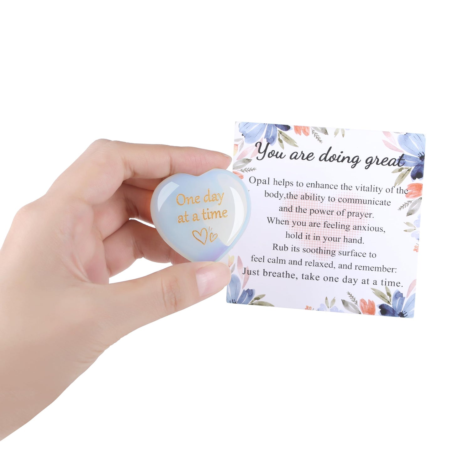 QINJIEJIE Opal Hearts Stone One Day at A Time Healing Crystal Thinking of You Gifts for Anxiety Relief Items You Got This Inspirational for Friend Heart Gifts for Women Valentines Day