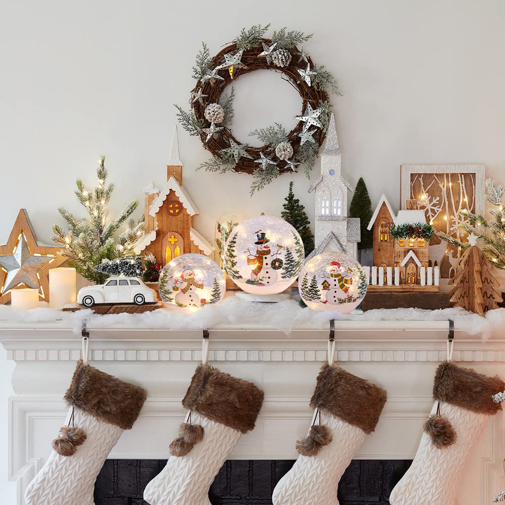 PHITRIC Christmas Decorations Indoor, 3 pcs Sparkling Snowman Globes with LED Lights and Timer, Tabletop Xmas Decor for Fireplace, Table, Home Decor Indoor