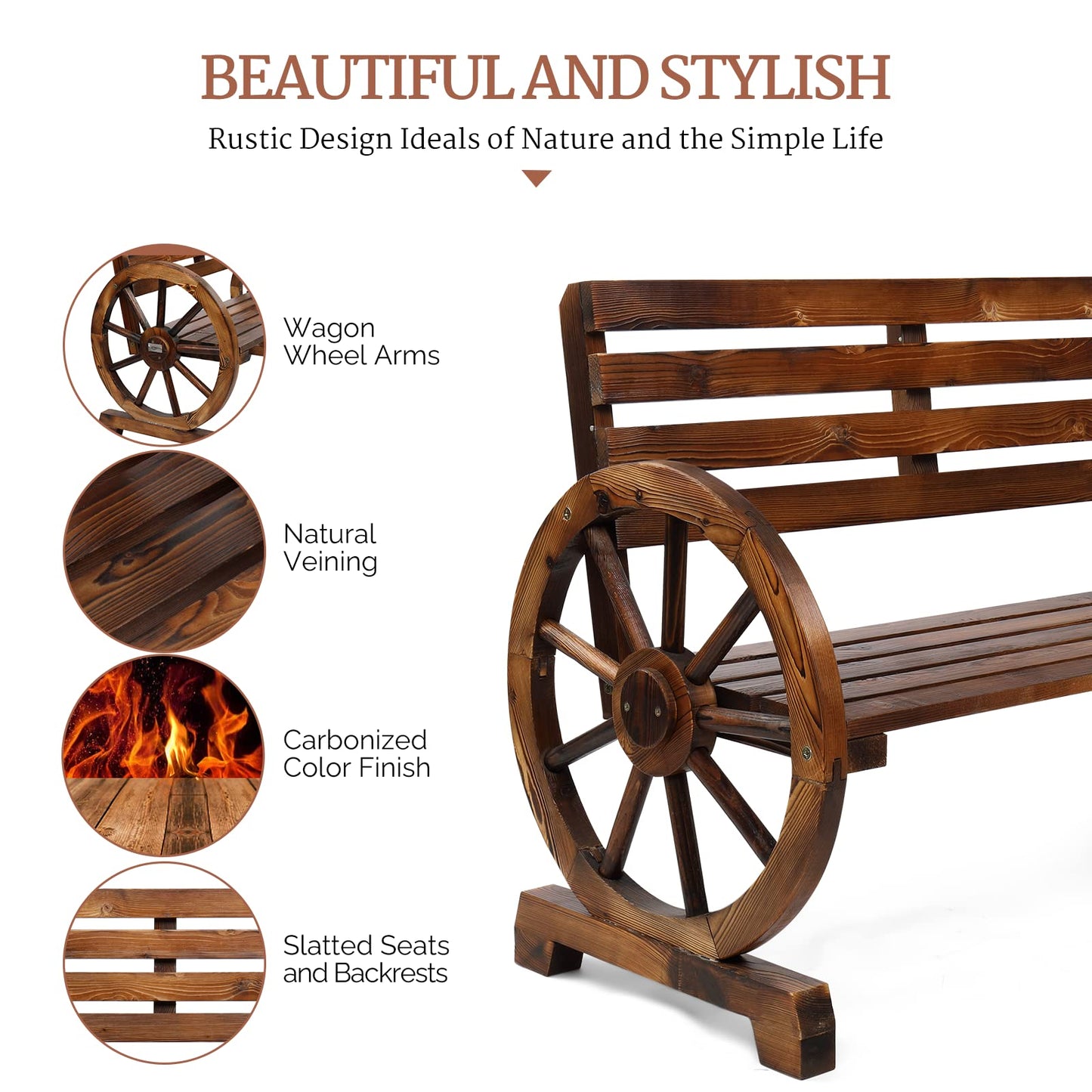 VINGLI Rustic Wooden Wheel Bench Outdoor Bench, Patio Bench Wagon Slatted Seat, Garden Benches for Outdoors 350lbs High Capacity, Weather Resistance (Rustic, 41in)