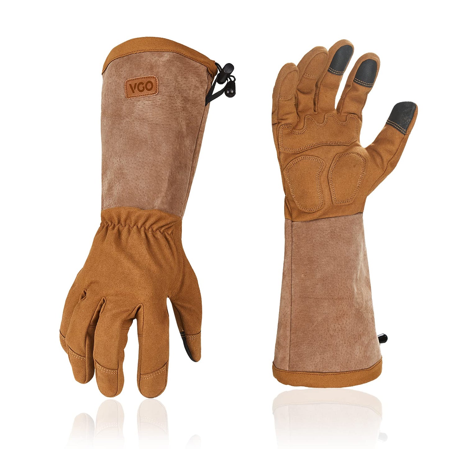 Vgo... Men's Extra-Long Leather Gardening Gloves, Gauntlet with Adjustable Cuff, Puncture & Thorn Proof, Touchscreen (SL6592)